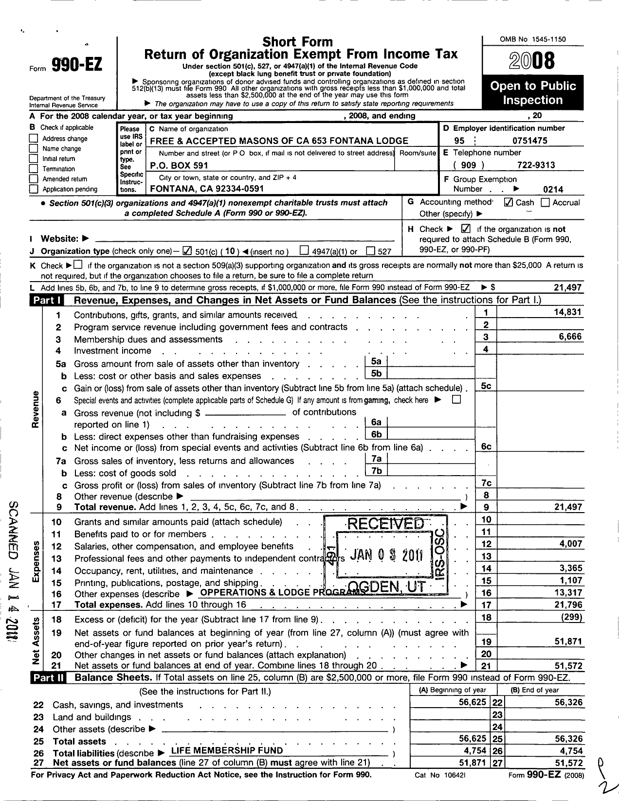 Image of first page of 2008 Form 990EO for Free and Accepted Masons of CA Fontana Lodge 653