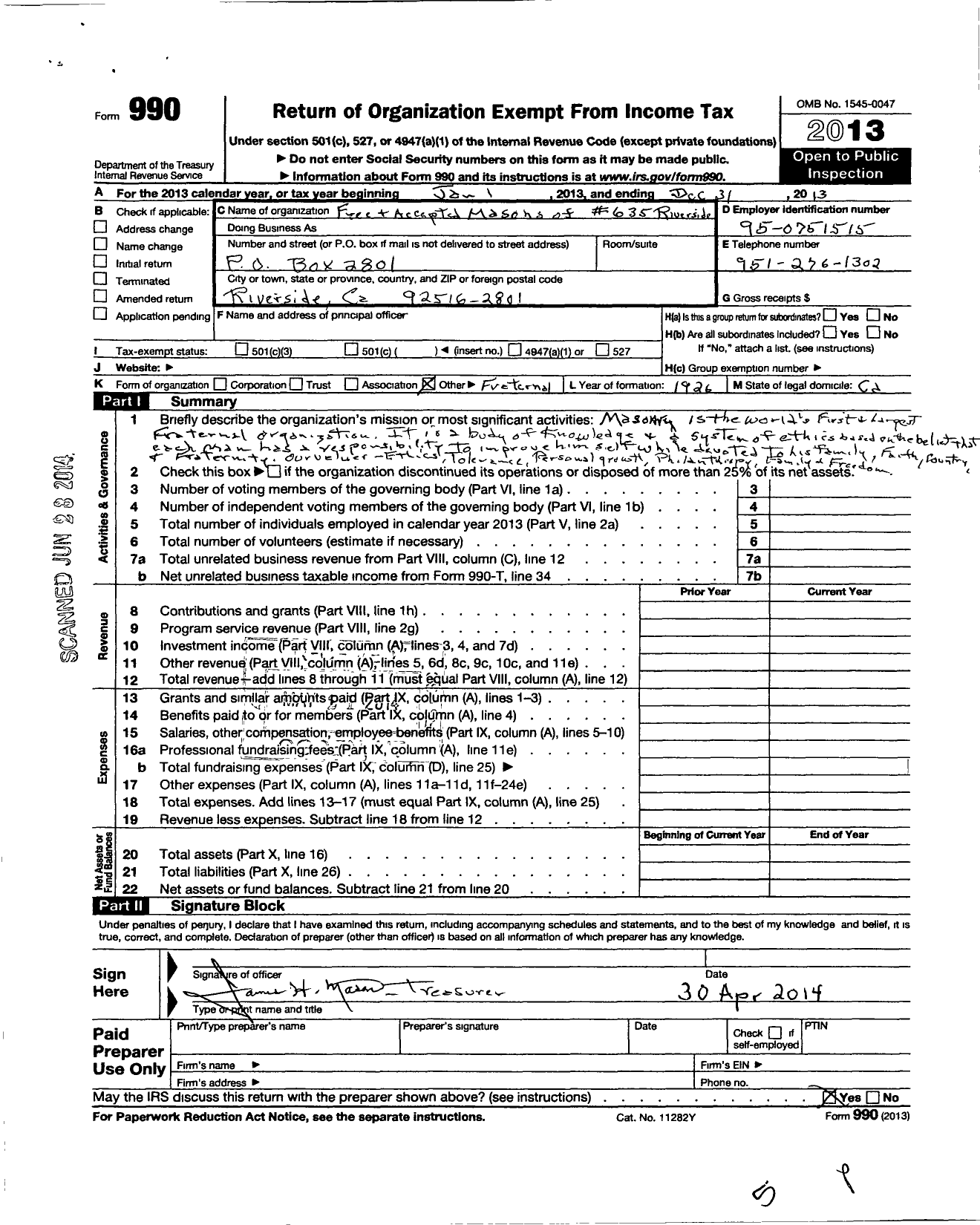 Image of first page of 2013 Form 990O for Free and Accepted Masons of 635 Riverside