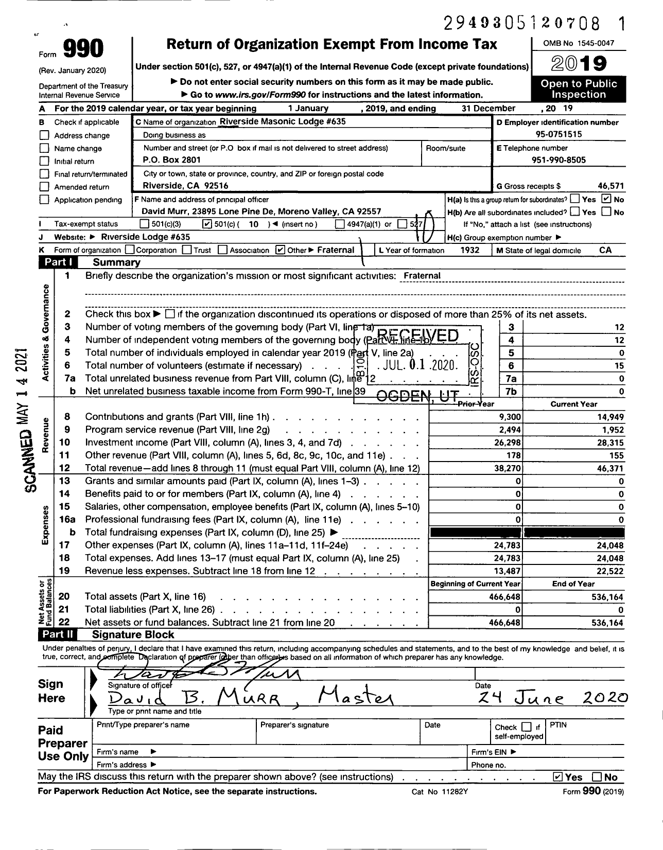 Image of first page of 2019 Form 990O for Free and Accepted Masons of 635 Riverside