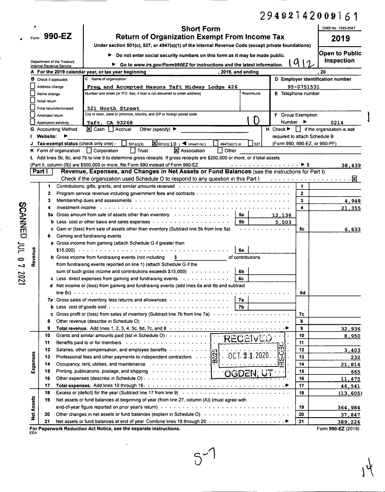 Image of first page of 2019 Form 990EO for Masons of California - Taft-Midway Lodge 426