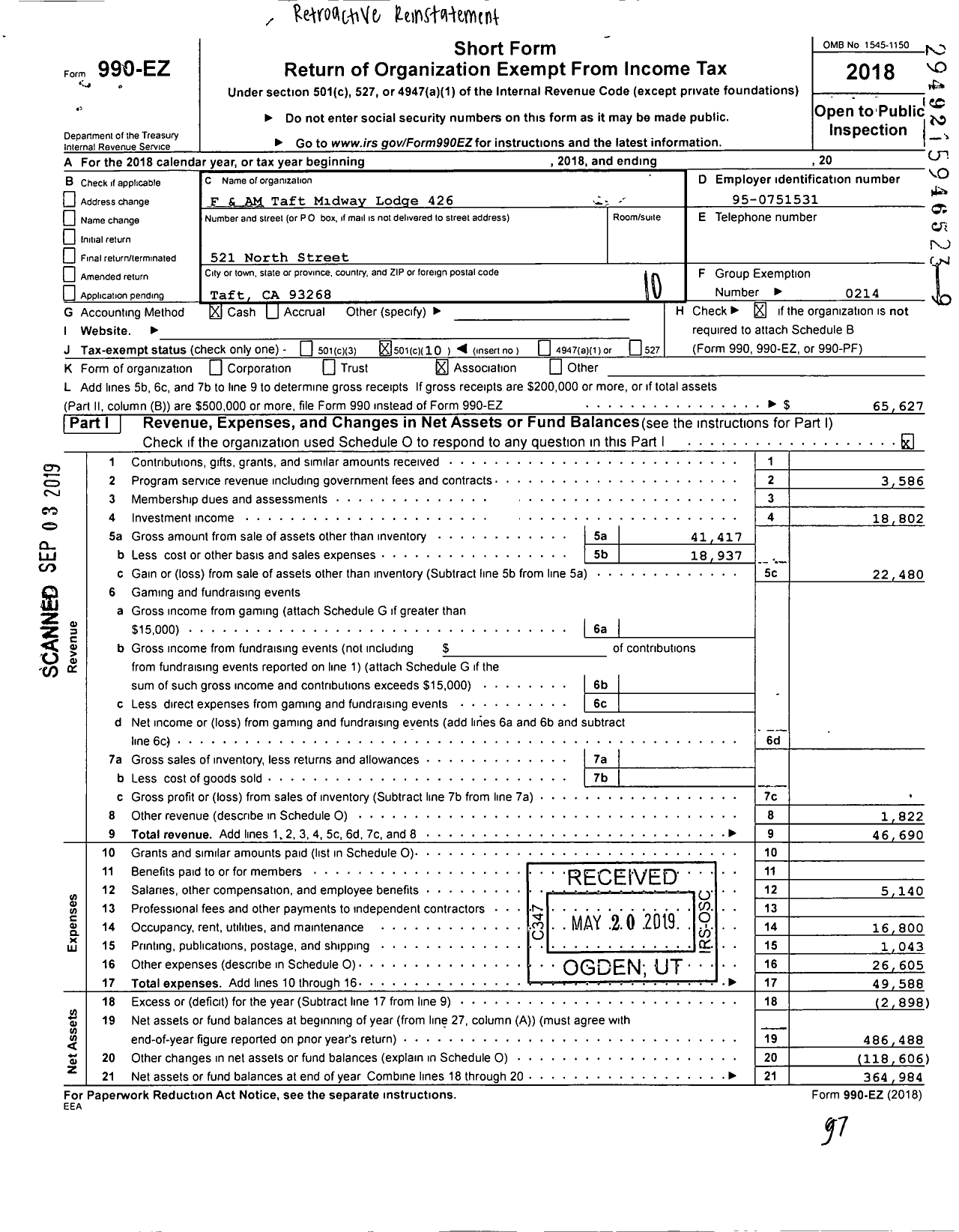 Image of first page of 2018 Form 990EO for Masons of California - Taft-Midway Lodge 426