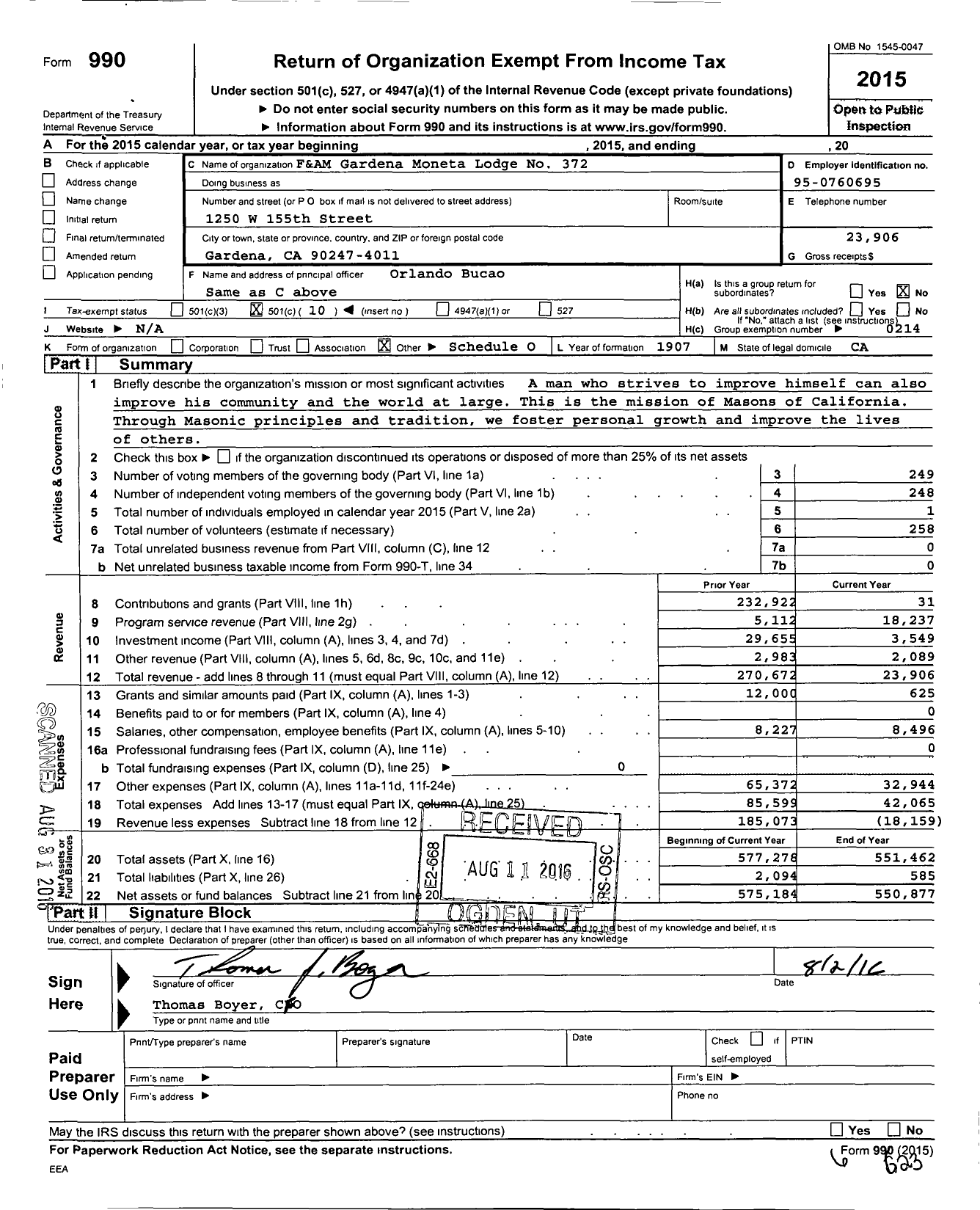 Image of first page of 2015 Form 990O for Masons of California - 372 Gardena Moneta Lodge