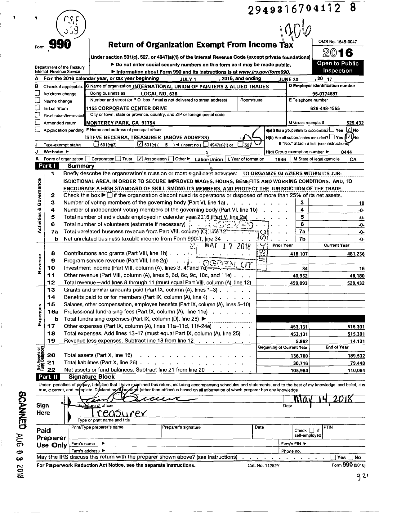 Image of first page of 2016 Form 990O for International Union of Painters and Allied trades - 636 Glaziers Architectural Metal &