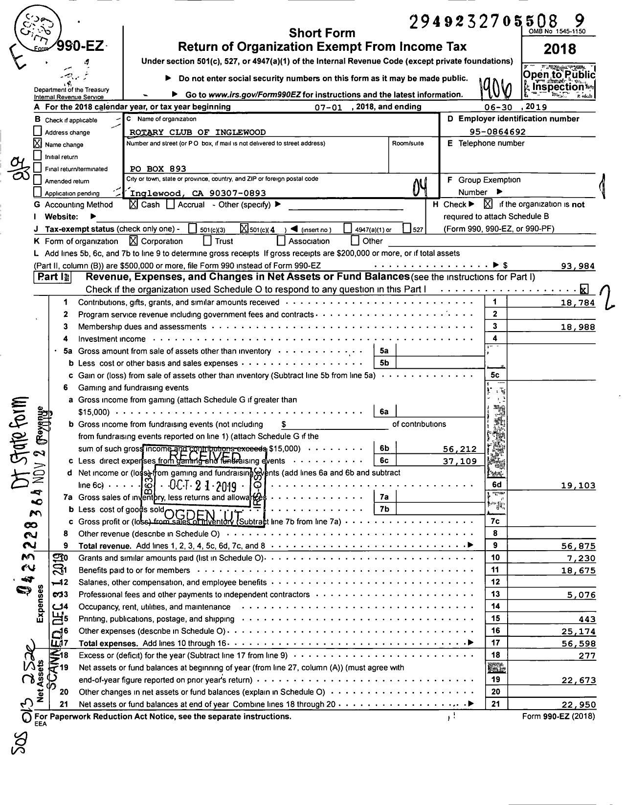 Image of first page of 2018 Form 990EO for Rotary Club Of Inglewood