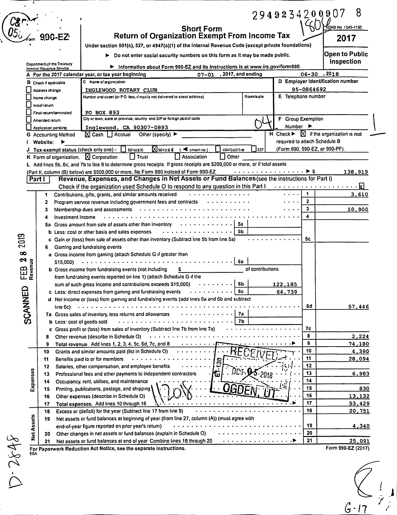 Image of first page of 2017 Form 990EO for Rotary Club Of Inglewood