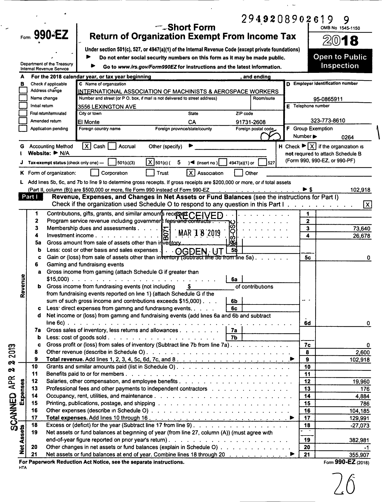 Image of first page of 2018 Form 990EO for International Association of Machinists and Aerospace Workers - Iamaw Local Lodge 311