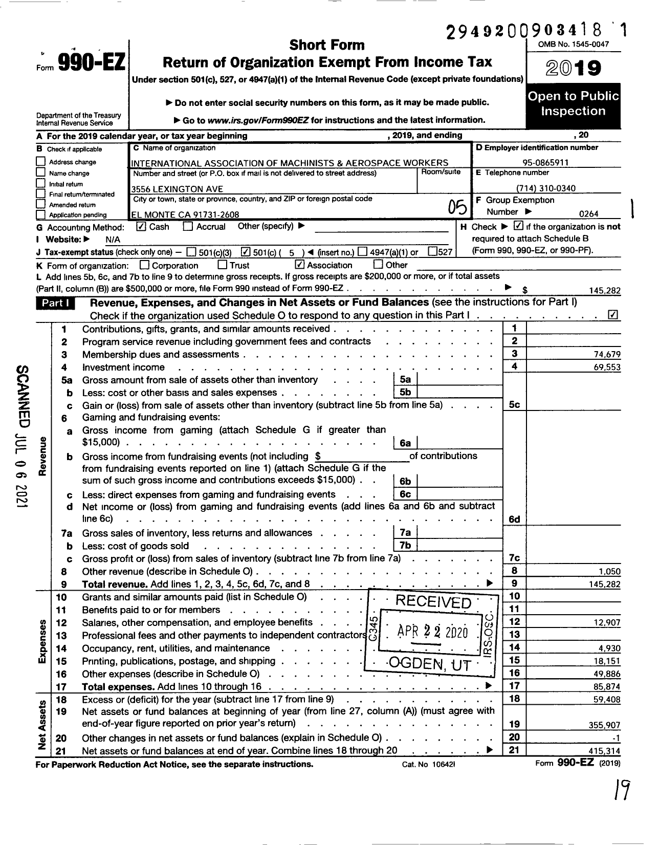 Image of first page of 2019 Form 990EO for International Association of Machinists and Aerospace Workers - Iamaw Local Lodge 311