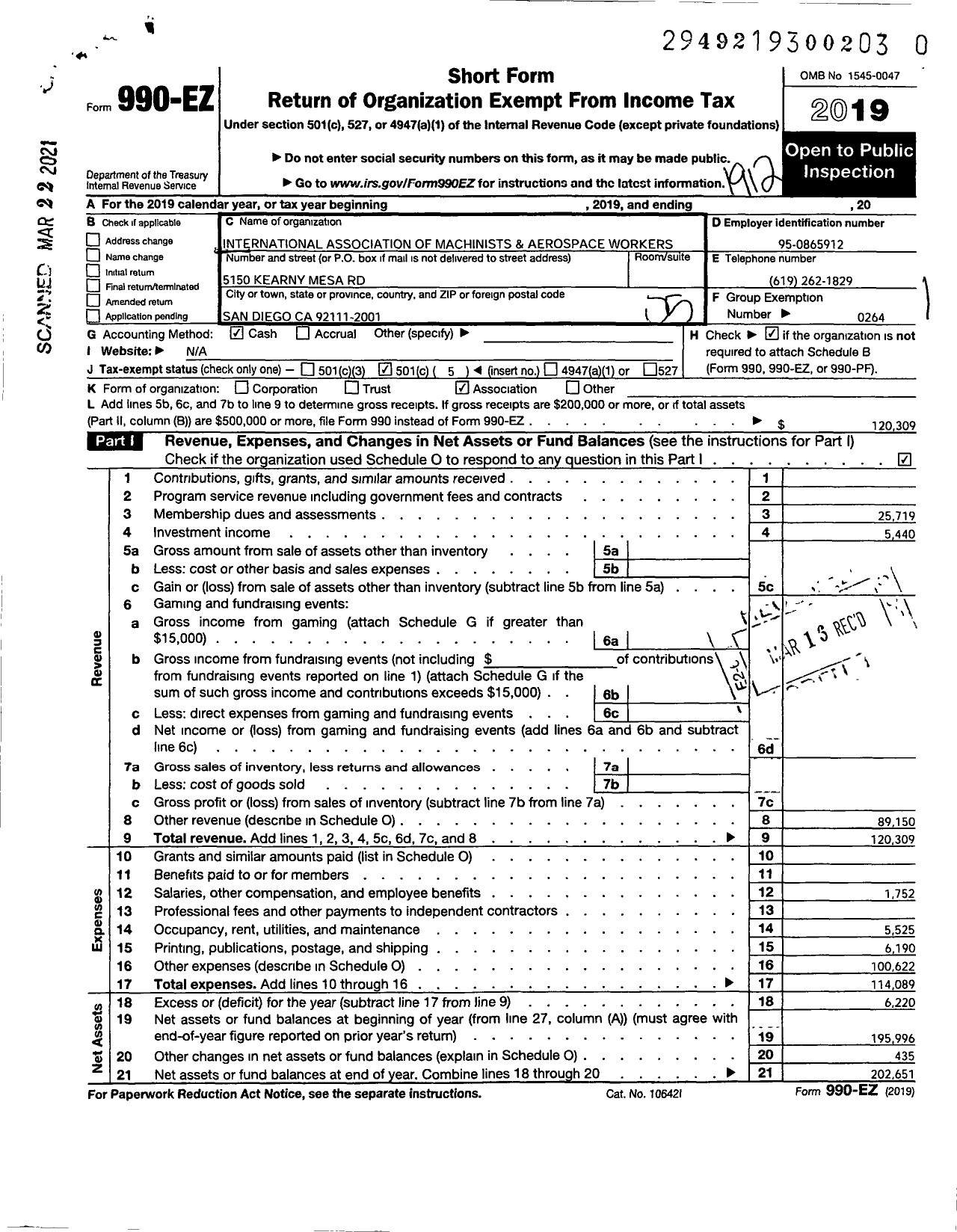 Image of first page of 2019 Form 990EO for International Association of Machinists and Aerospace Workers - 389 Local Building Corporation