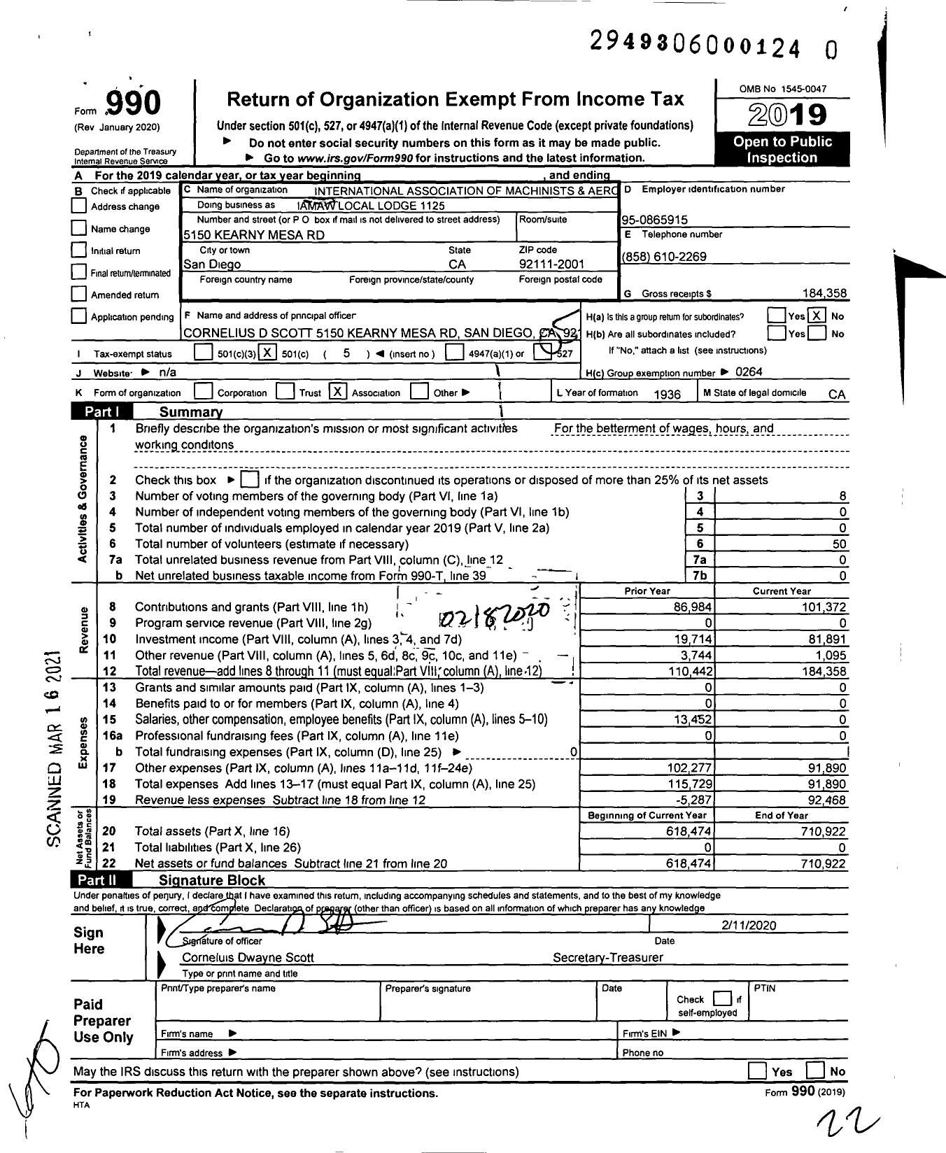 Image of first page of 2019 Form 990O for International Association of Machinists and Aerospace Workers - Iamaw Local Lodge 1125