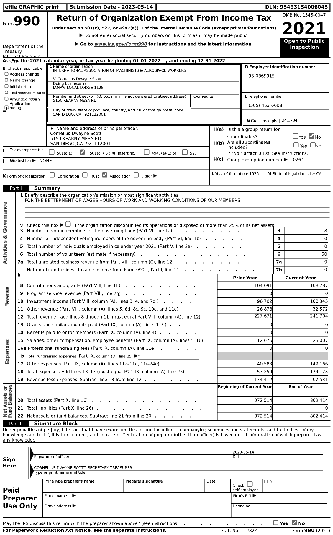 Image of first page of 2022 Form 990 for International Association of Machinists and Aerospace Workers - Iamaw Local Lodge 1125