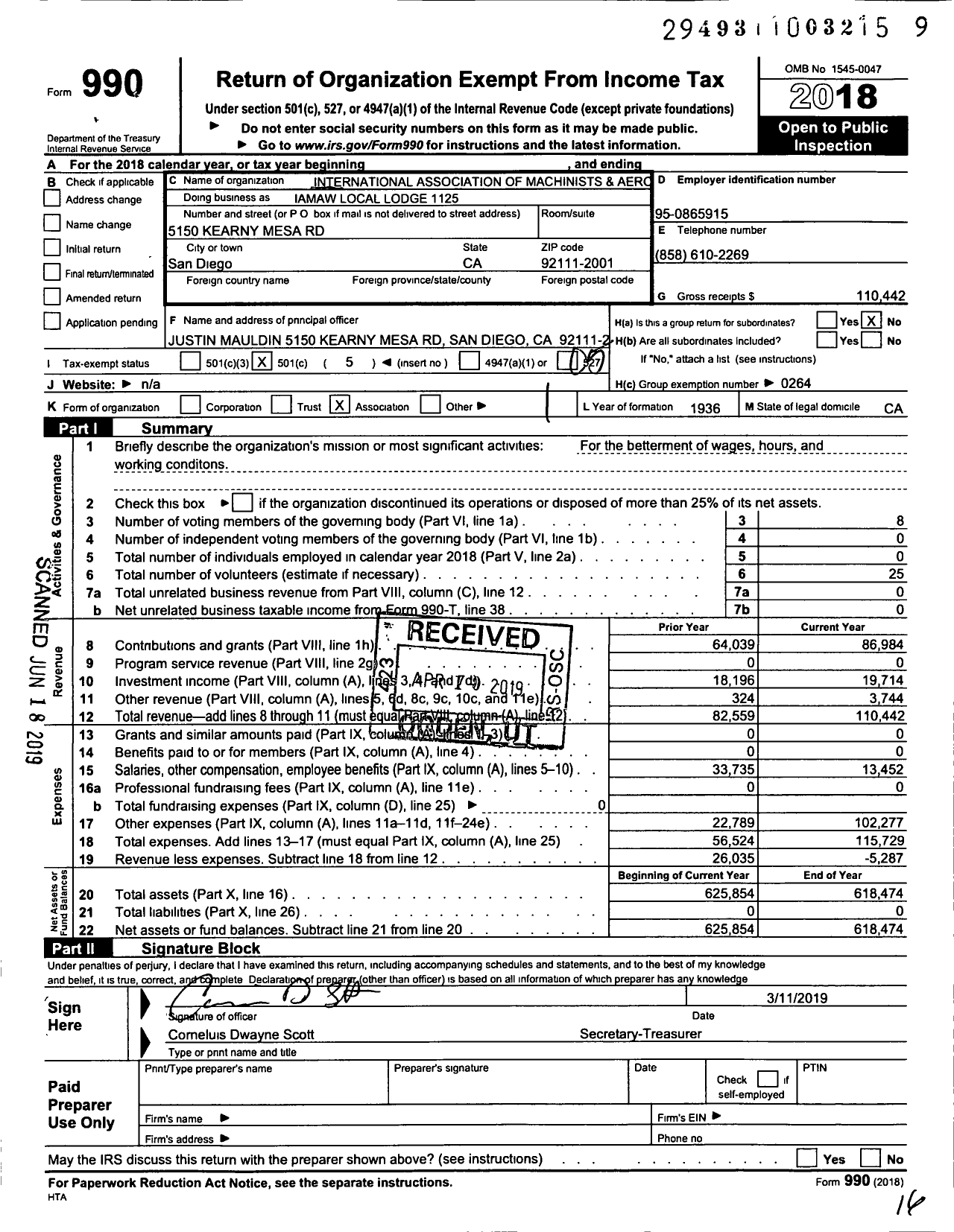 Image of first page of 2018 Form 990O for International Association of Machinists and Aerospace Workers - Iamaw Local Lodge 1125