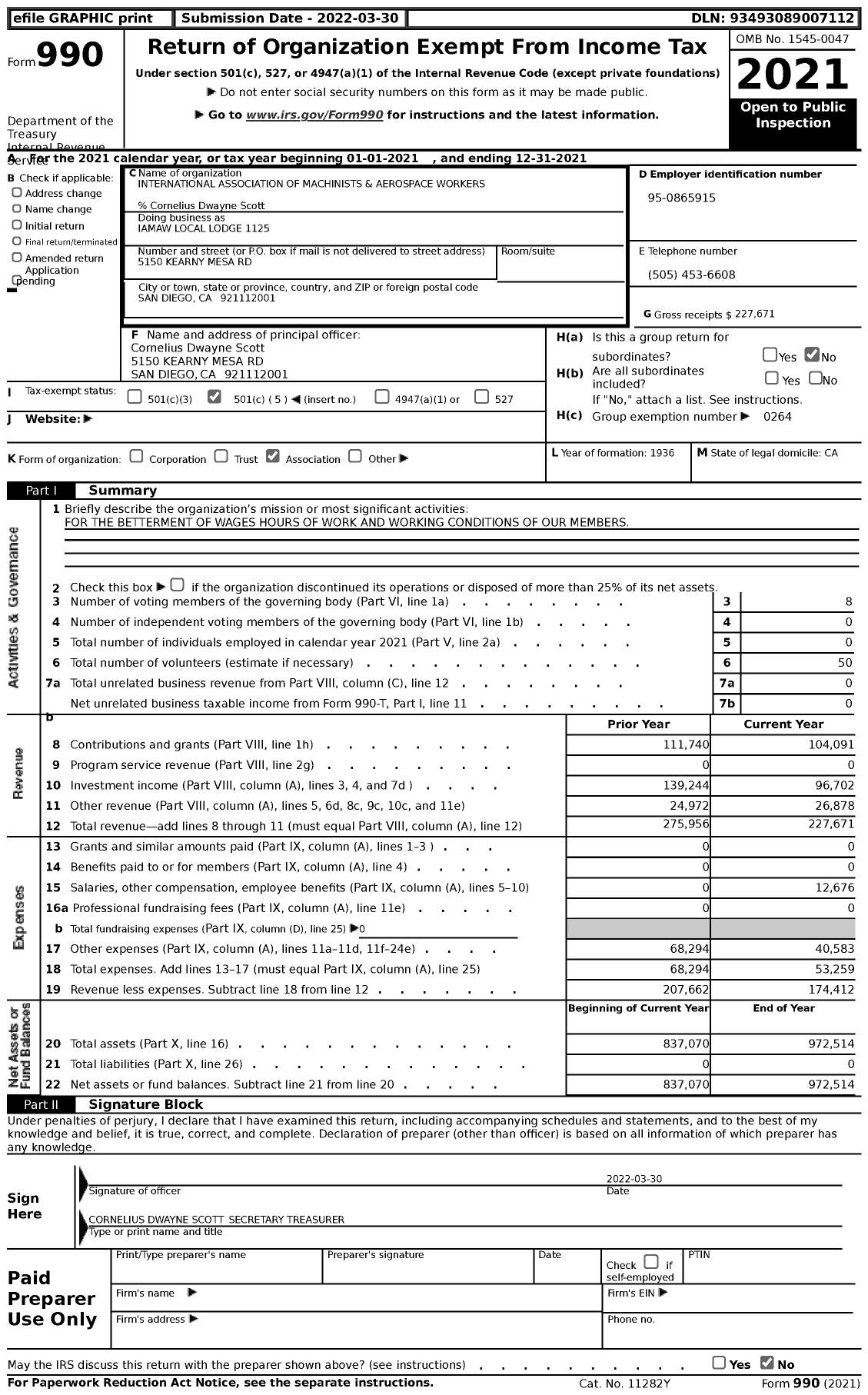 Image of first page of 2021 Form 990 for International Association of Machinists and Aerospace Workers - Iamaw Local Lodge 1125