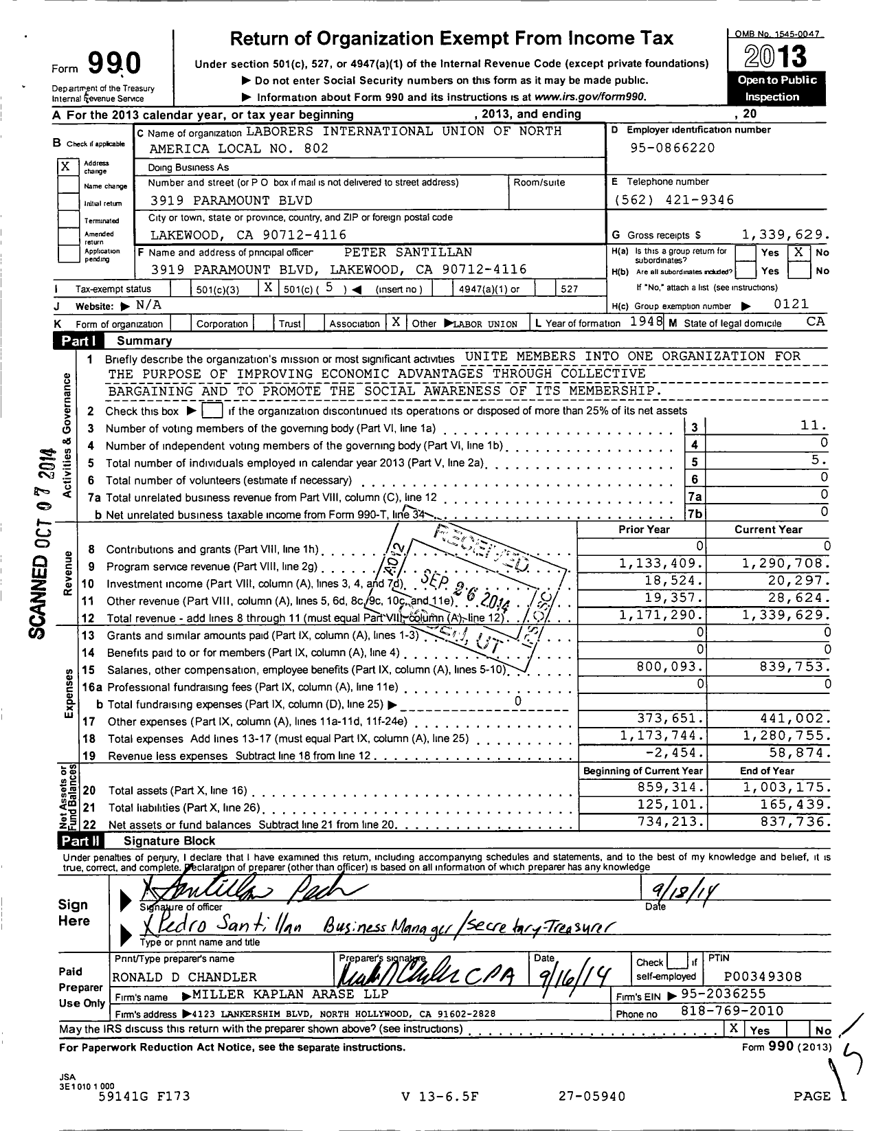 Image of first page of 2013 Form 990O for Laborers International Union of North America Local No 802