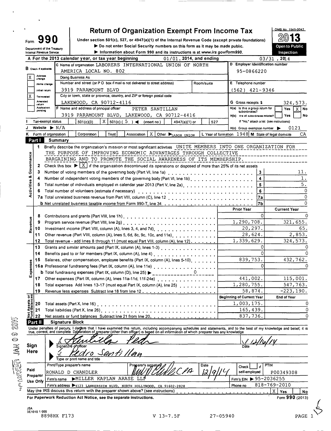 Image of first page of 2013 Form 990O for Laborers International Union of North America Local No 802