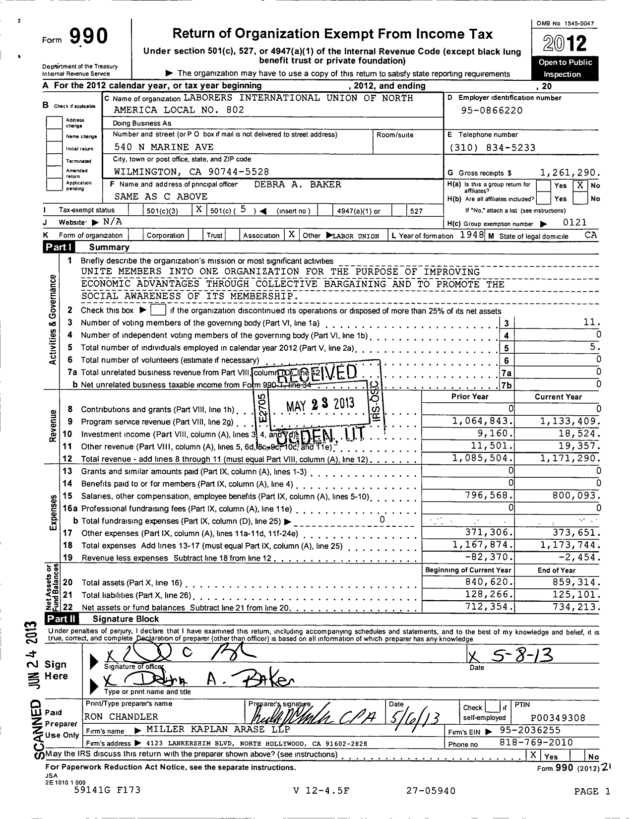 Image of first page of 2012 Form 990O for Laborers International Union of North America Local No 802