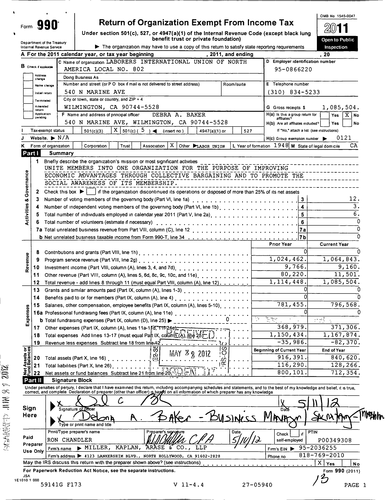 Image of first page of 2011 Form 990O for Laborers International Union of North America Local No 802