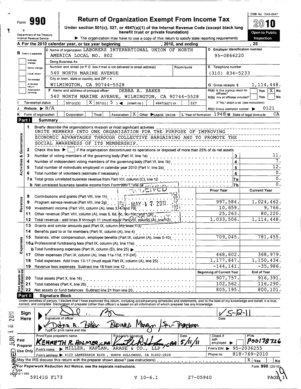 Image of first page of 2010 Form 990O for Laborers International Union of North America Local No 802