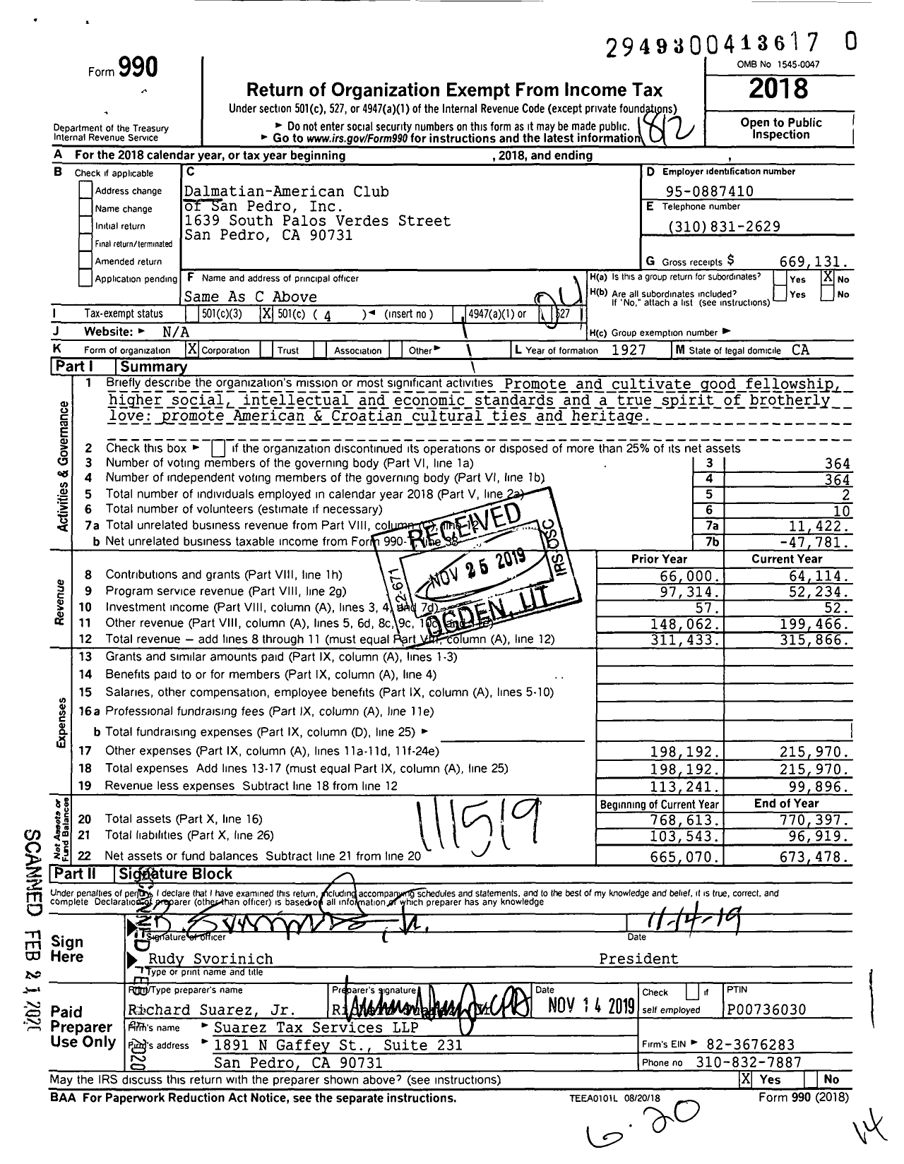 Image of first page of 2018 Form 990O for Dalmatian-American Club of San Pedro