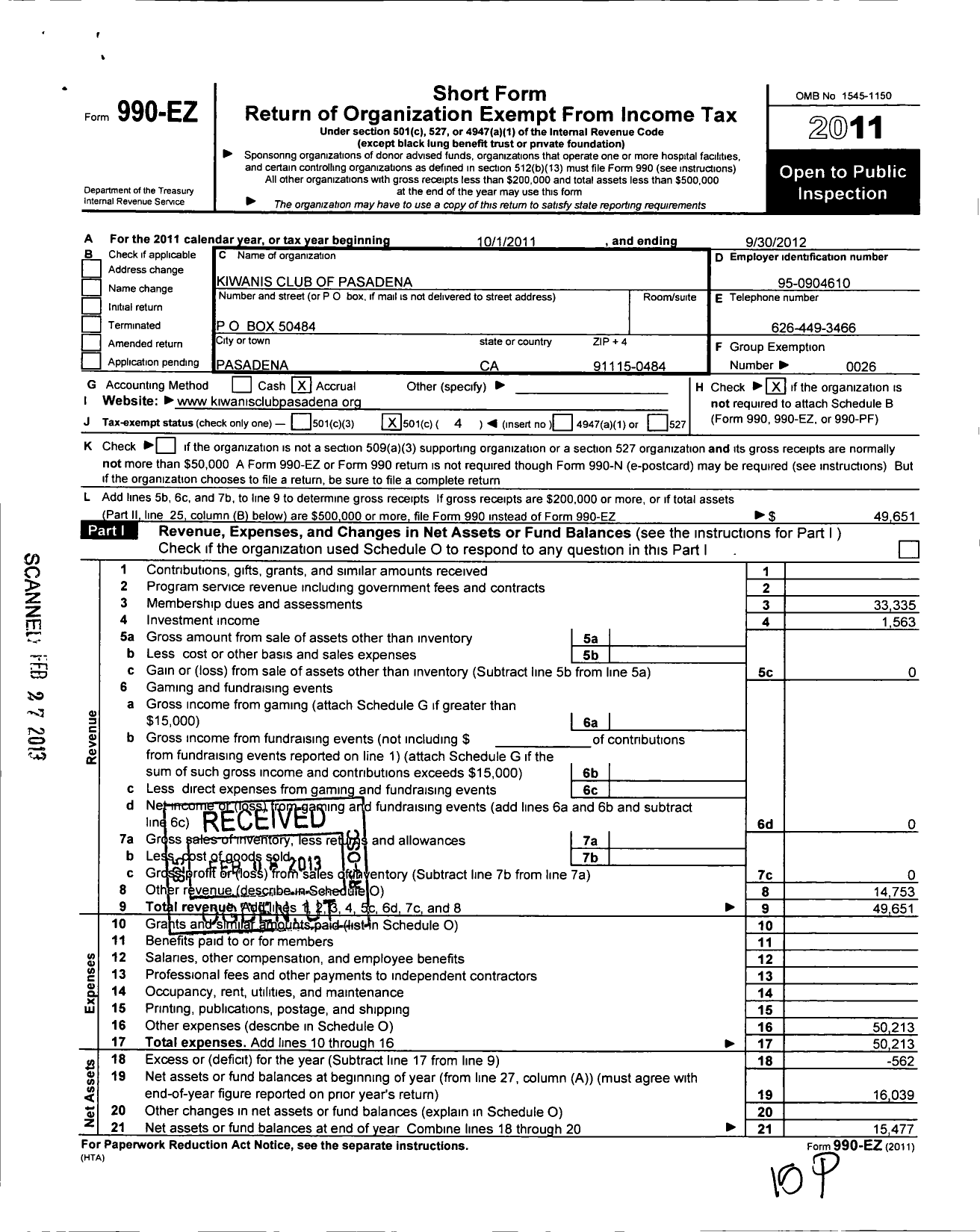 Image of first page of 2011 Form 990EO for Kiwanis International - K00239 Pasadena