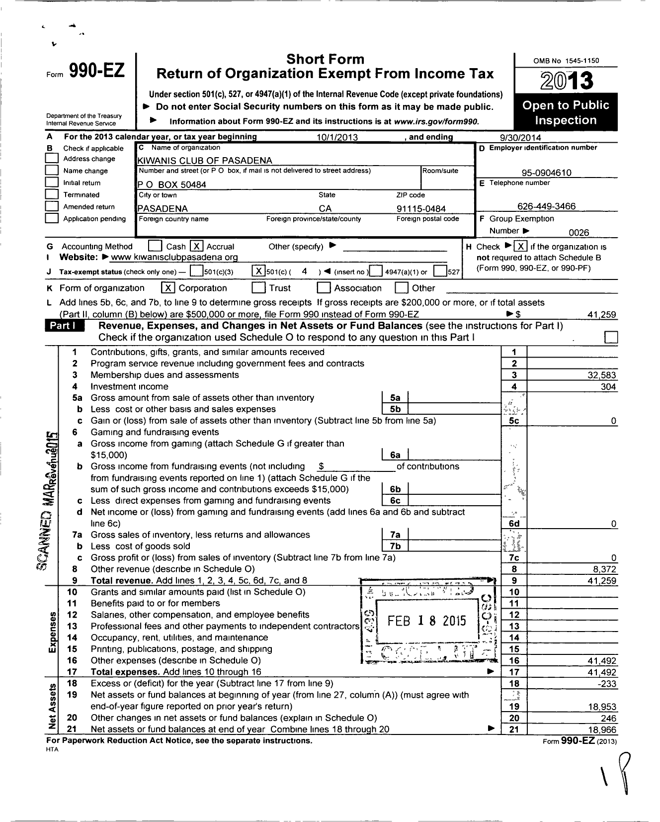 Image of first page of 2013 Form 990EO for Kiwanis International - K00239 Pasadena