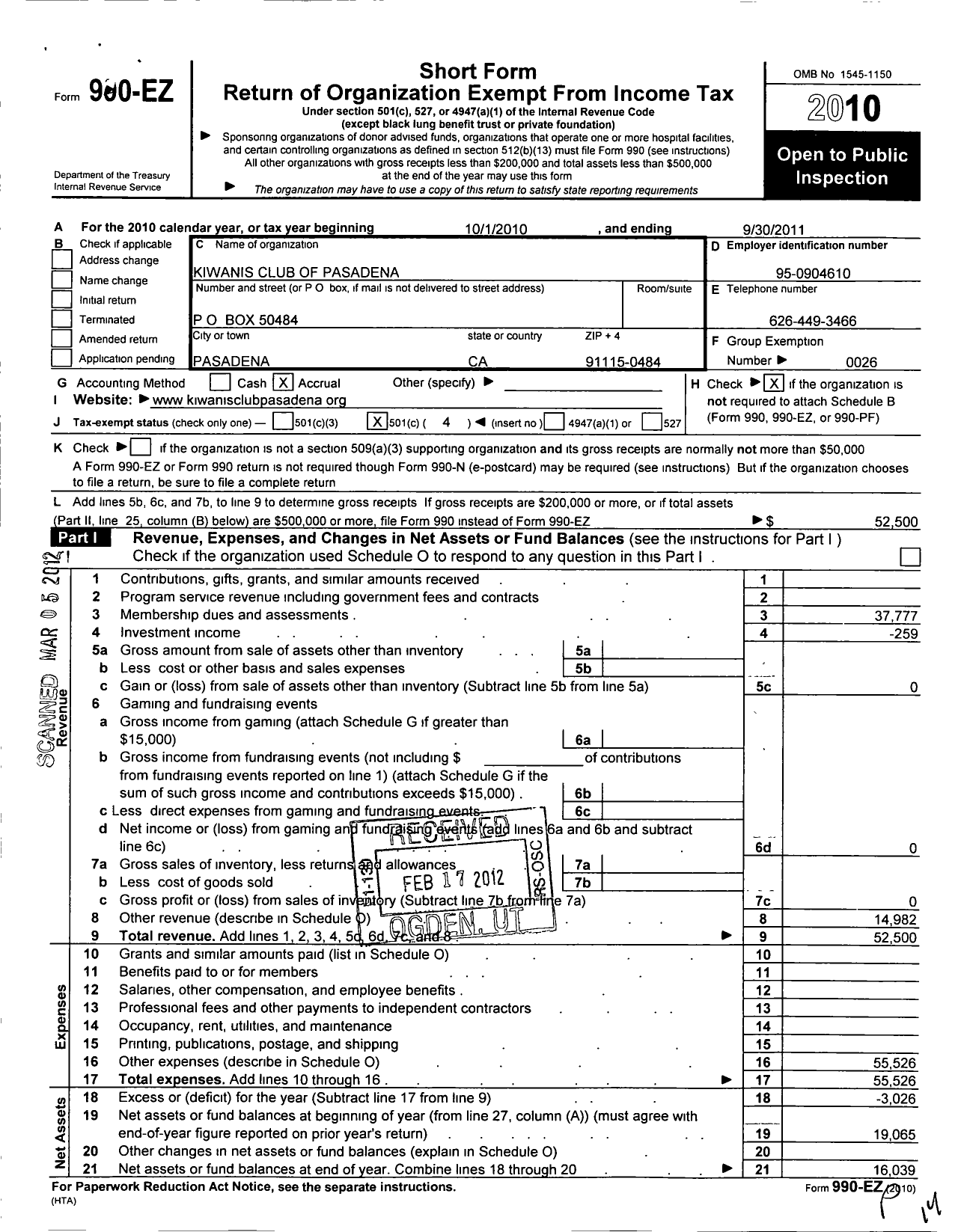 Image of first page of 2010 Form 990EO for Kiwanis International - K00239 Pasadena