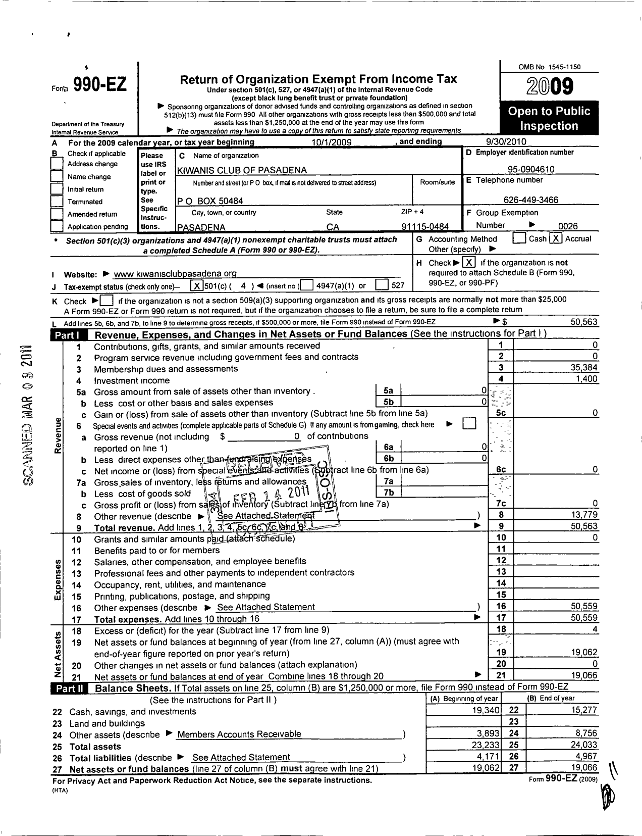 Image of first page of 2009 Form 990EO for Kiwanis International - K00239 Pasadena