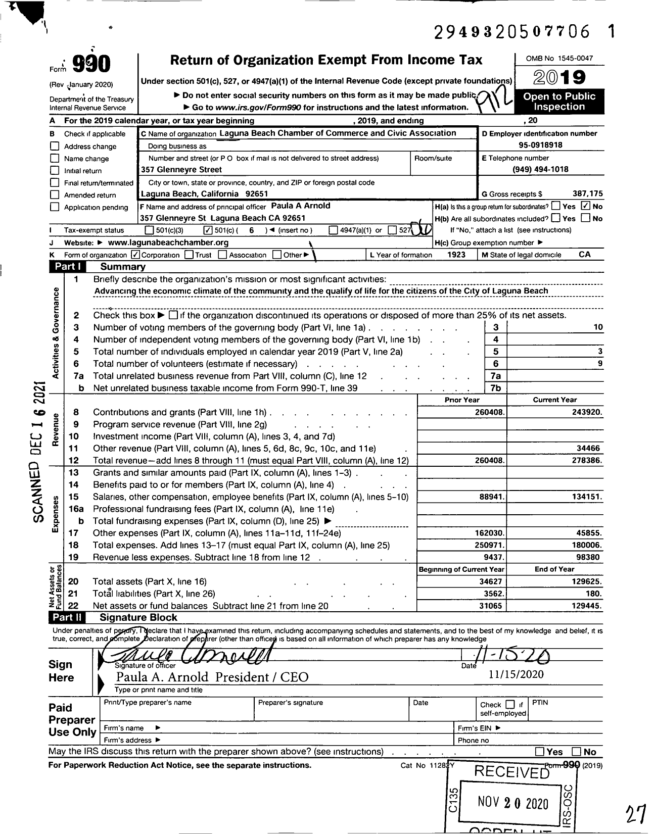 Image of first page of 2019 Form 990O for Laguna Beach Chamber of Commerce and Civic Association