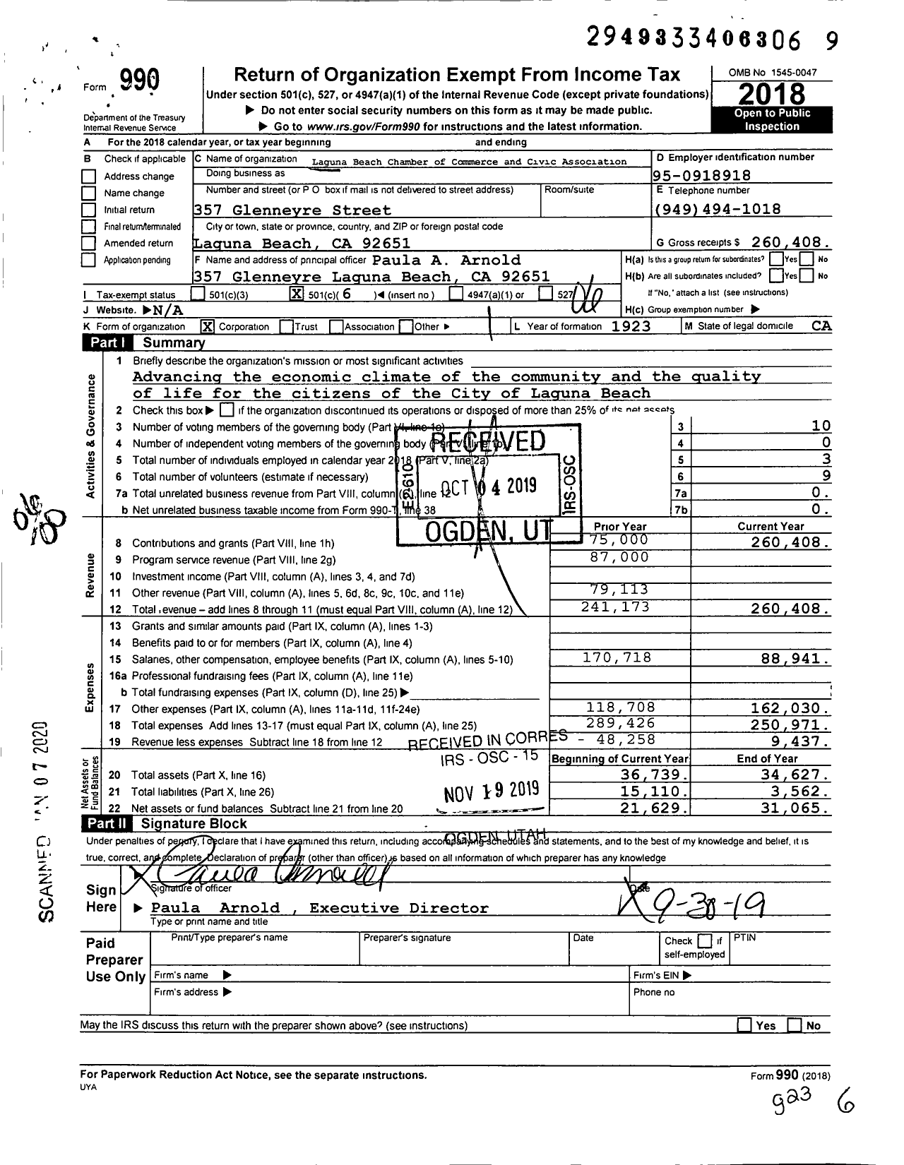 Image of first page of 2018 Form 990O for Laguna Beach Chamber of Commerce and Civic Association