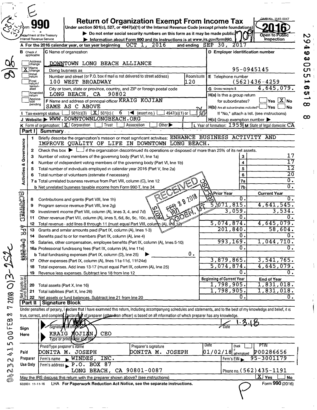 Image of first page of 2016 Form 990O for Downtown Long Beach Alliance