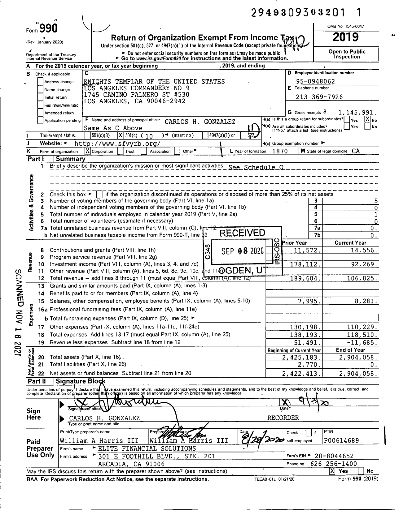 Image of first page of 2019 Form 990O for Knights Templar - 9 Los Angeles Commandery