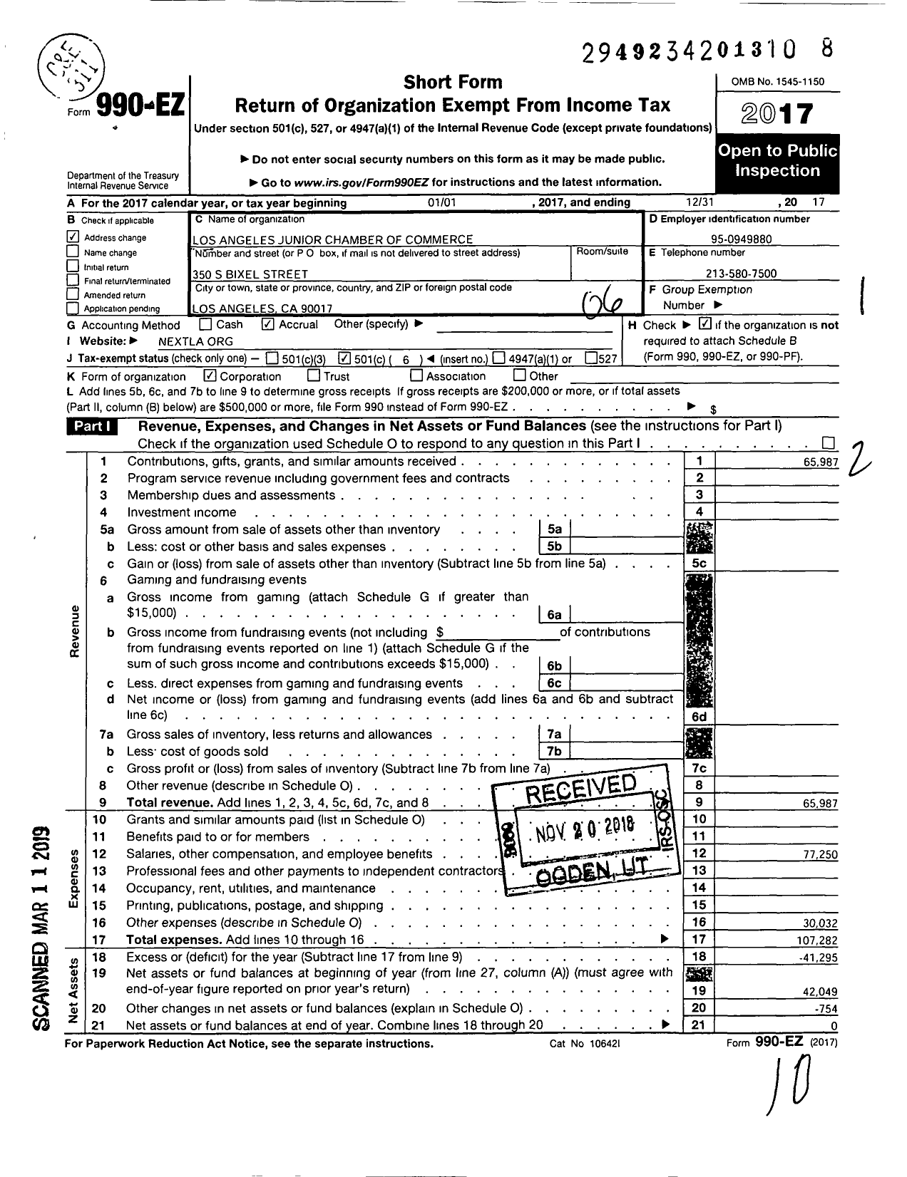 Image of first page of 2017 Form 990EO for Los Angeles Junior Chamber of Commerce Membership