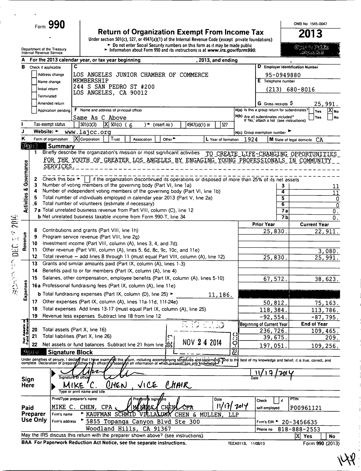 Image of first page of 2013 Form 990O for Los Angeles Junior Chamber of Commerce Membership