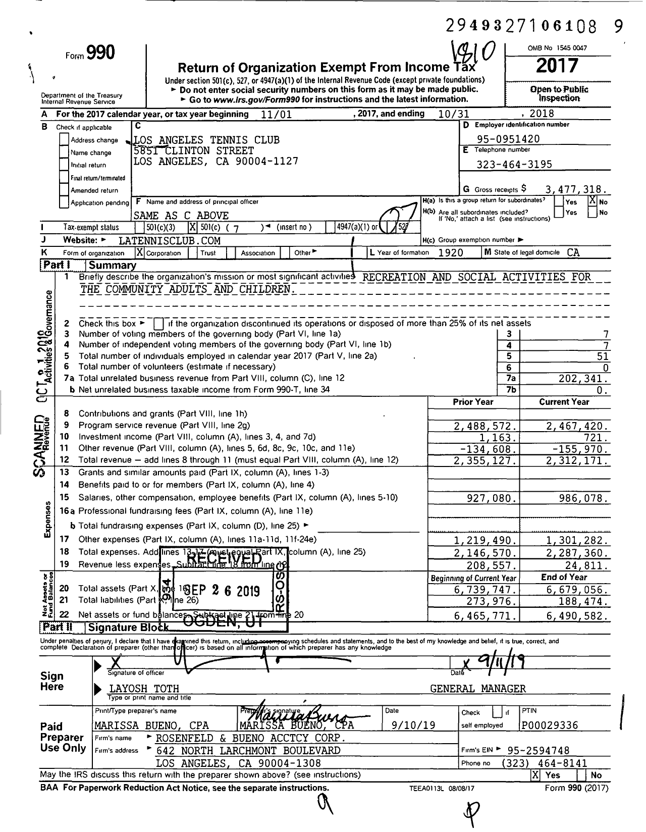 Image of first page of 2017 Form 990O for Los Angeles Tennis Club (LATC)