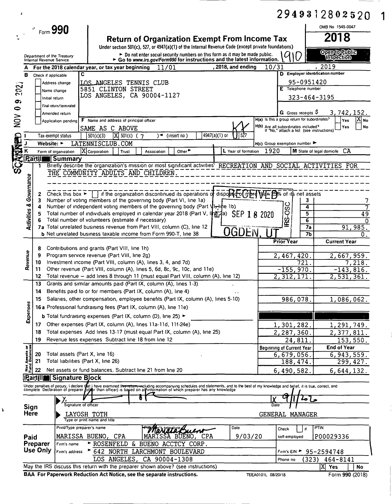 Image of first page of 2018 Form 990O for Los Angeles Tennis Club (LATC)