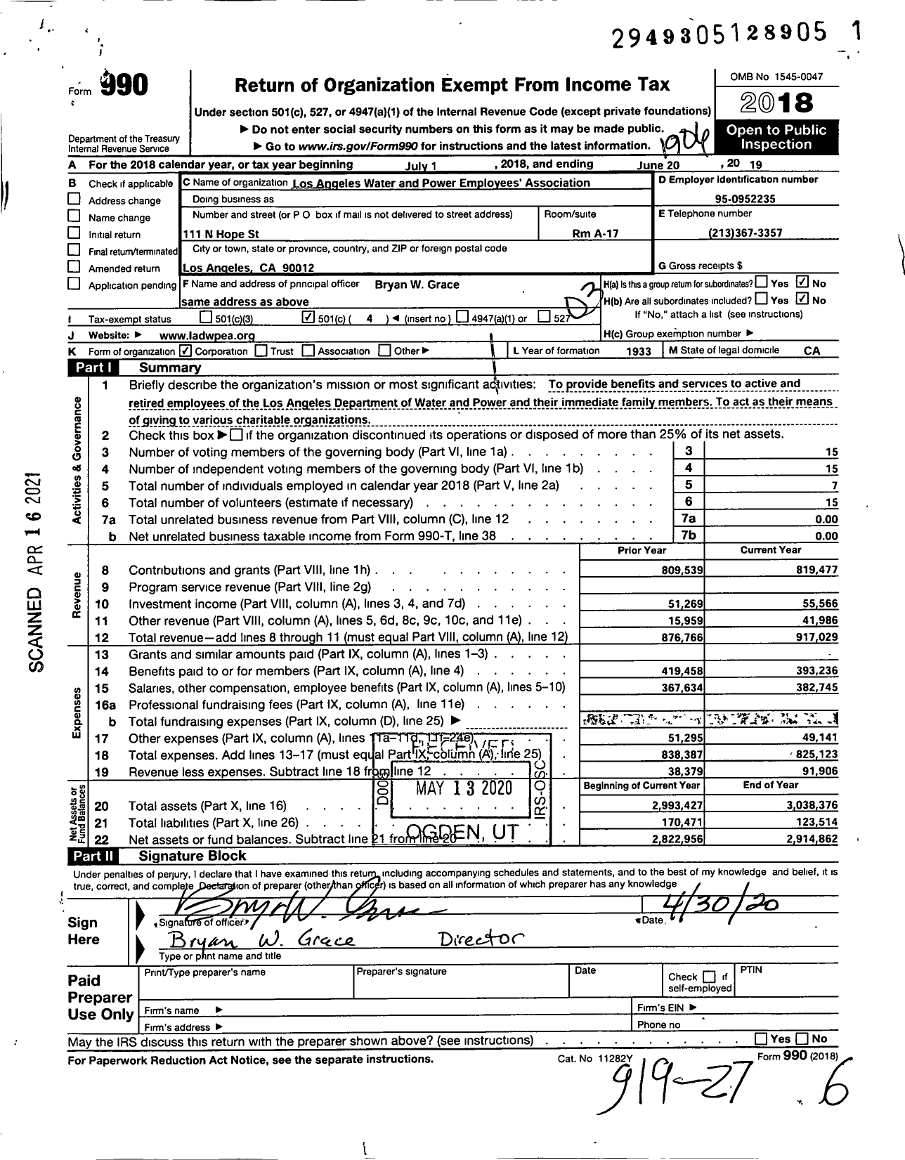 Image of first page of 2018 Form 990 for Los Angeles Water and Power Employees Association