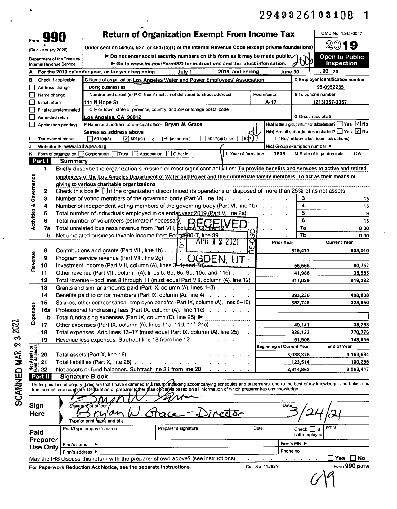 Image of first page of 2019 Form 990O for Los Angeles Water and Power Employees Association