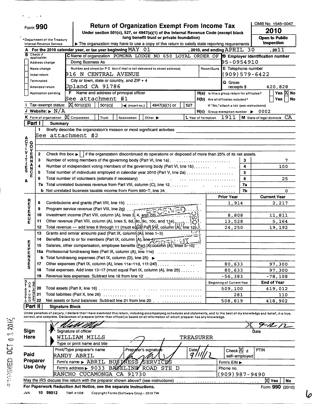 Image of first page of 2010 Form 990 for Loyal Order of Moose - 650