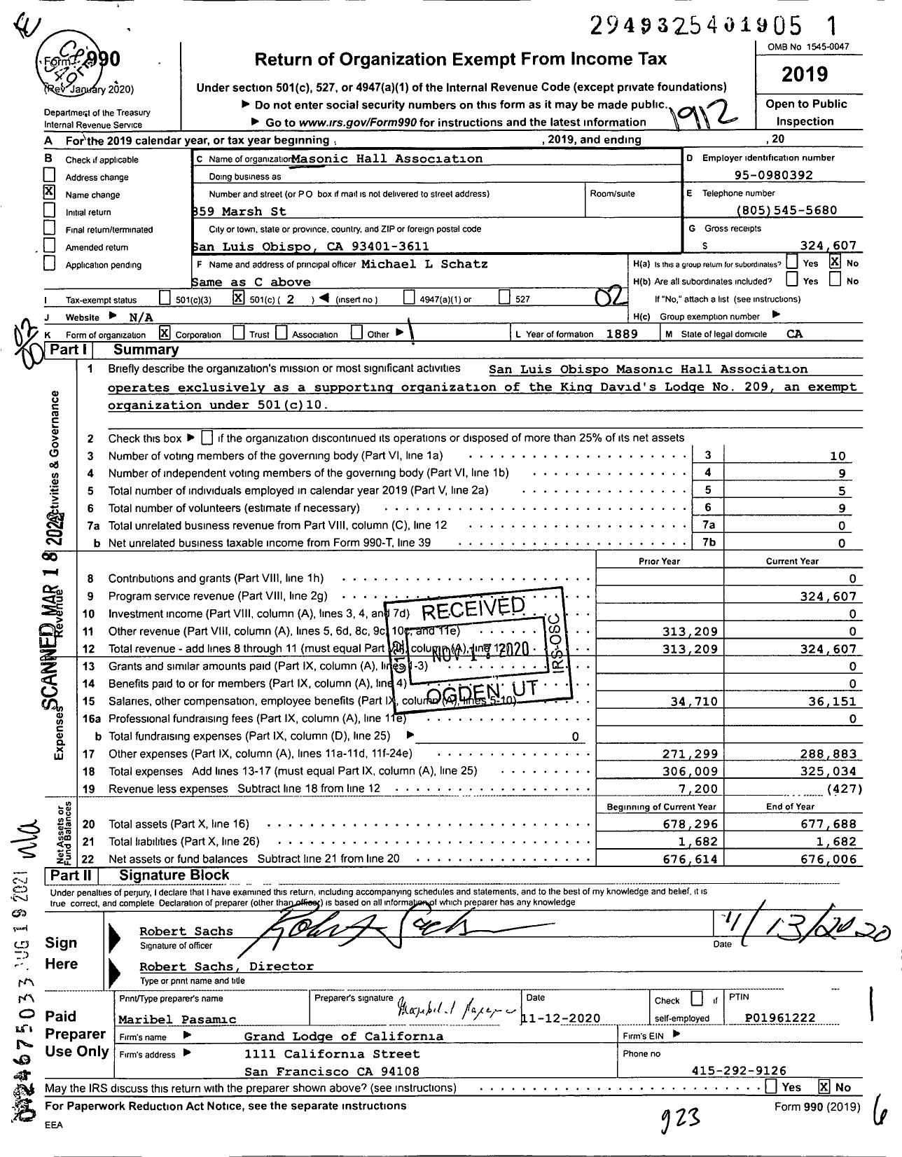 Image of first page of 2019 Form 990O for Masonic Hall Association / San Luis Obispo