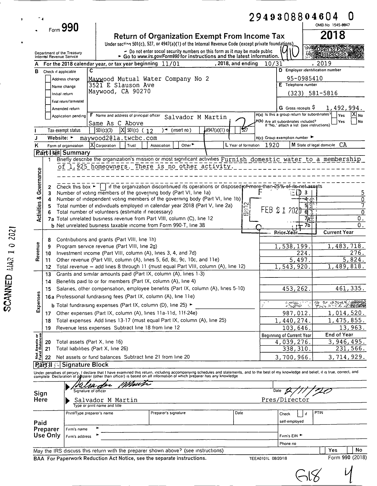 Image of first page of 2018 Form 990O for Maywood Mutual Water Company No 2