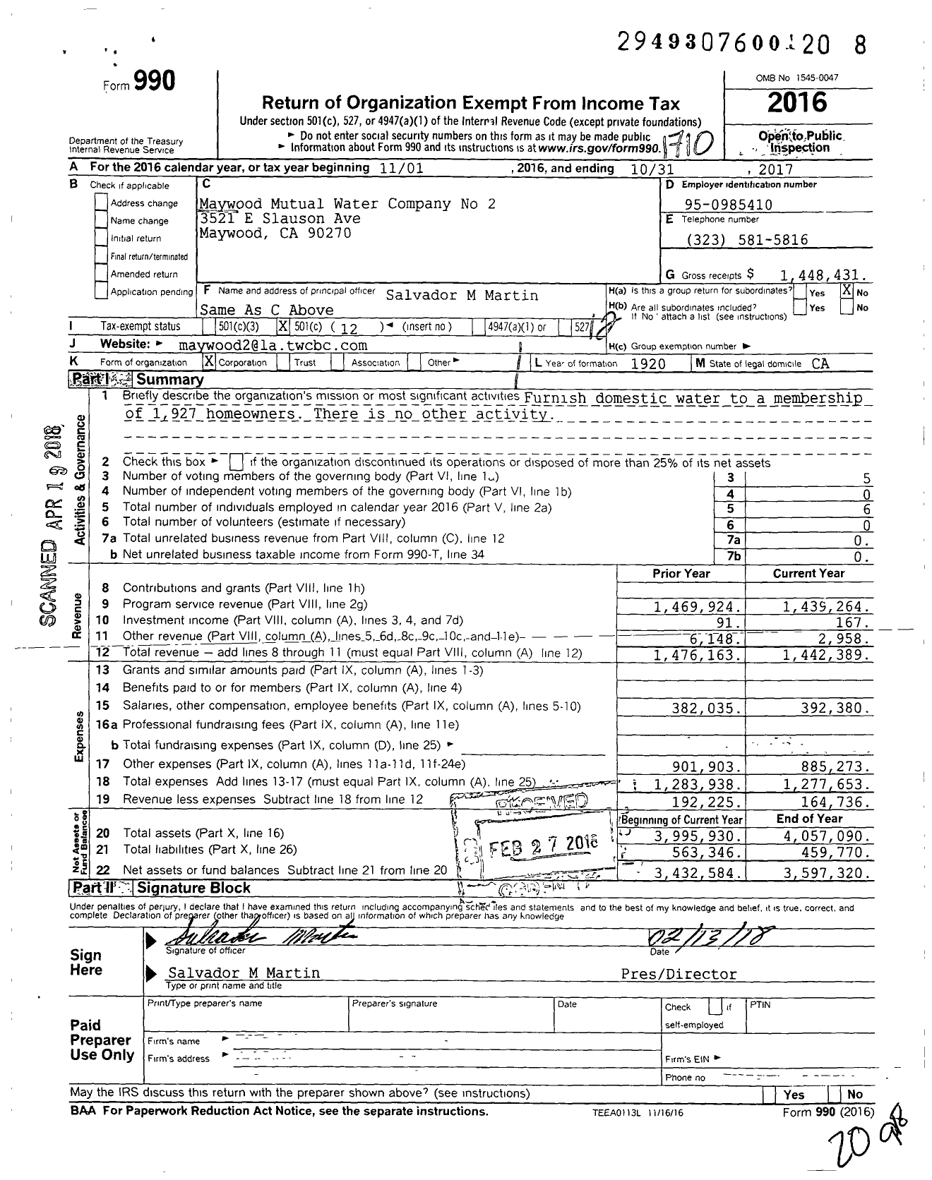 Image of first page of 2016 Form 990O for Maywood Mutual Water Company No 2
