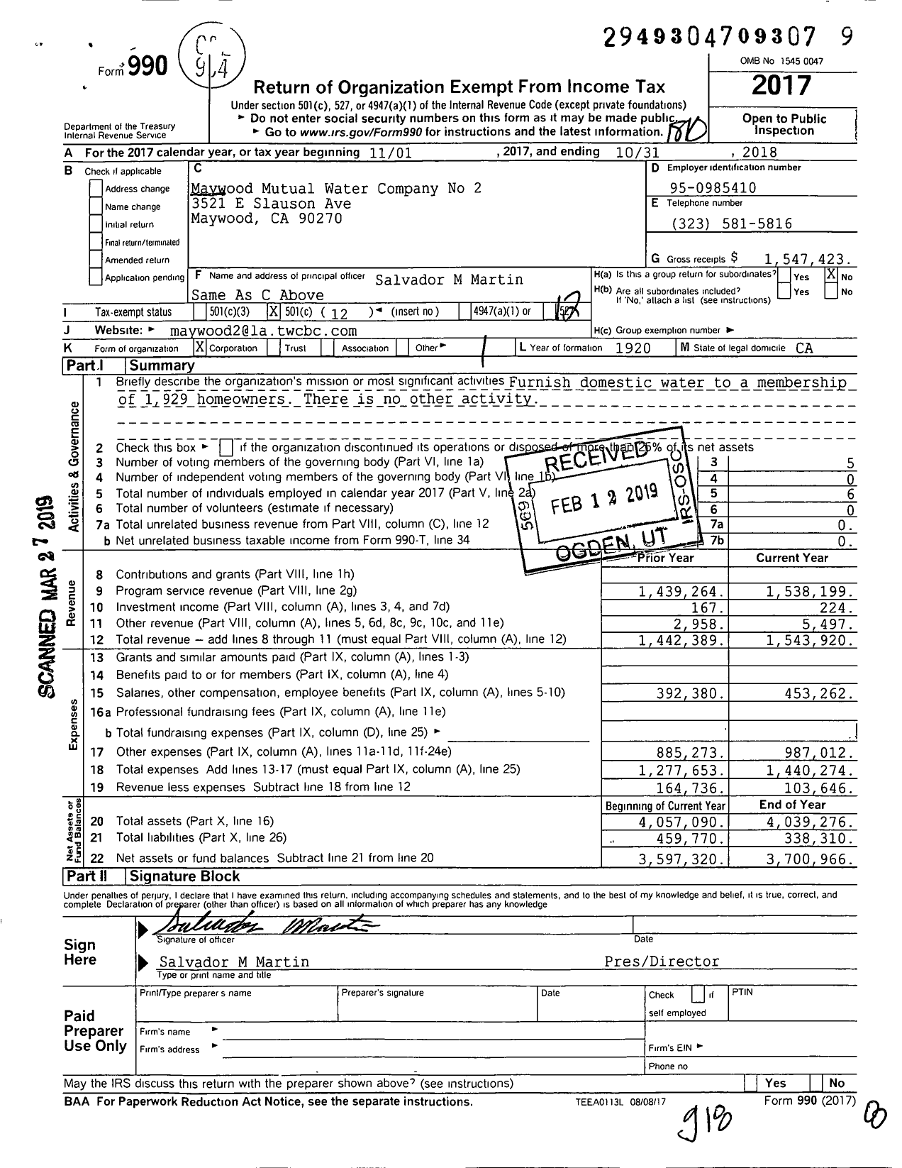 Image of first page of 2017 Form 990O for Maywood Mutual Water Company No 2