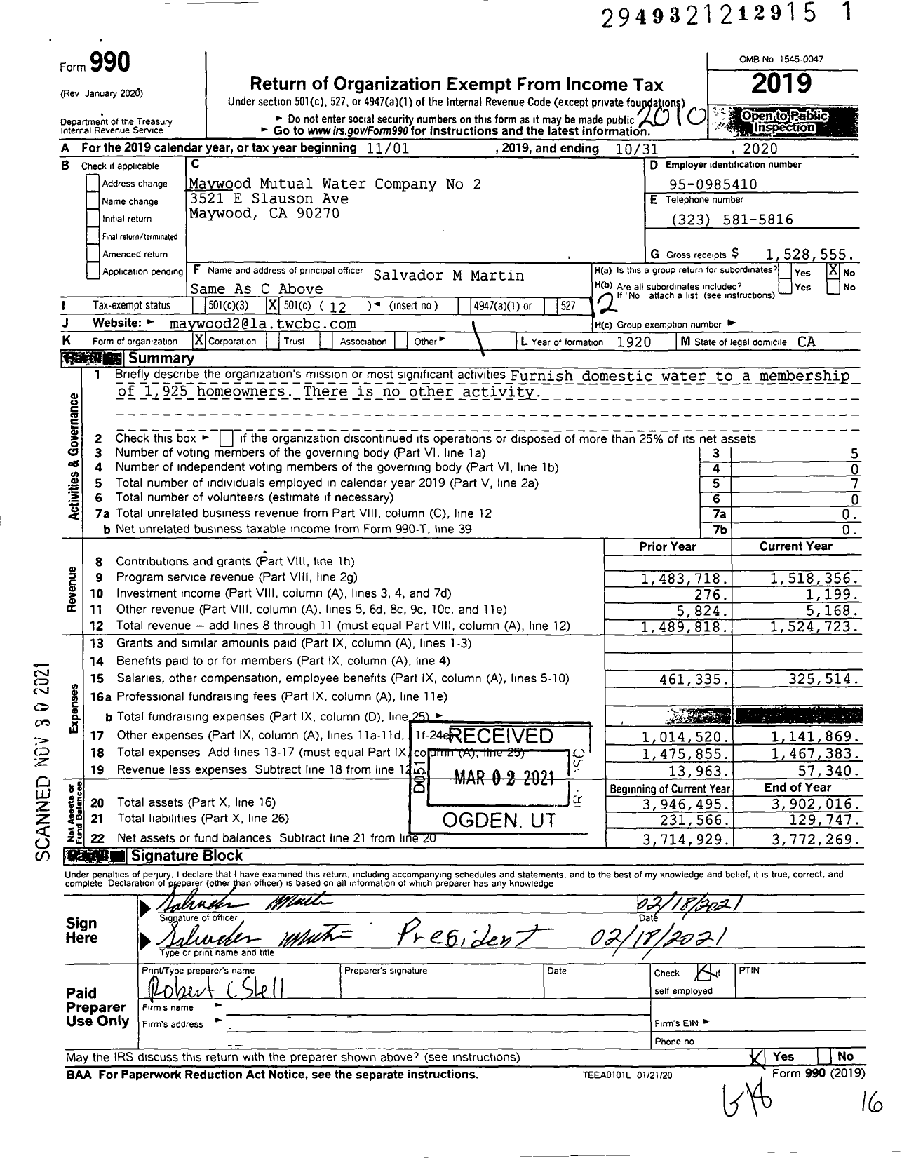 Image of first page of 2019 Form 990O for Maywood Mutual Water Company No 2