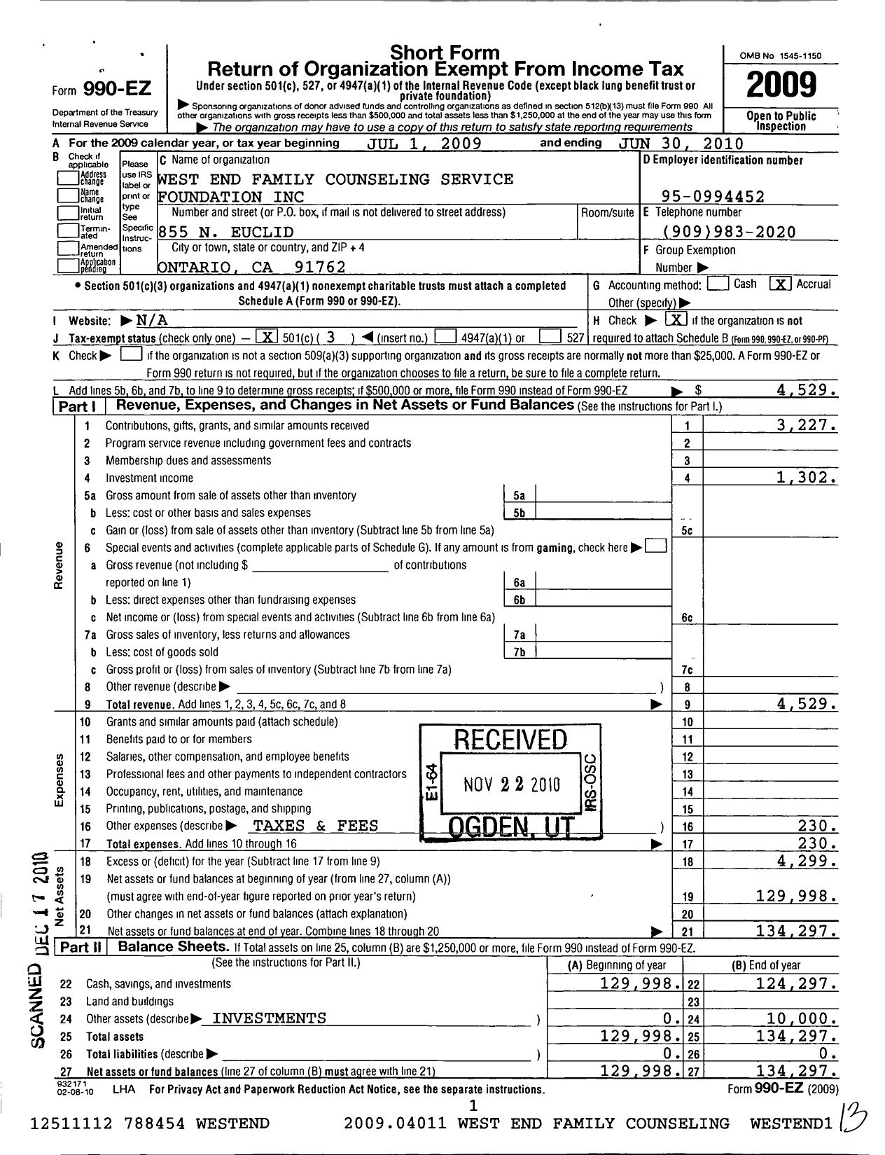 Image of first page of 2009 Form 990EZ for West End Family Counseling SVCS Foundation