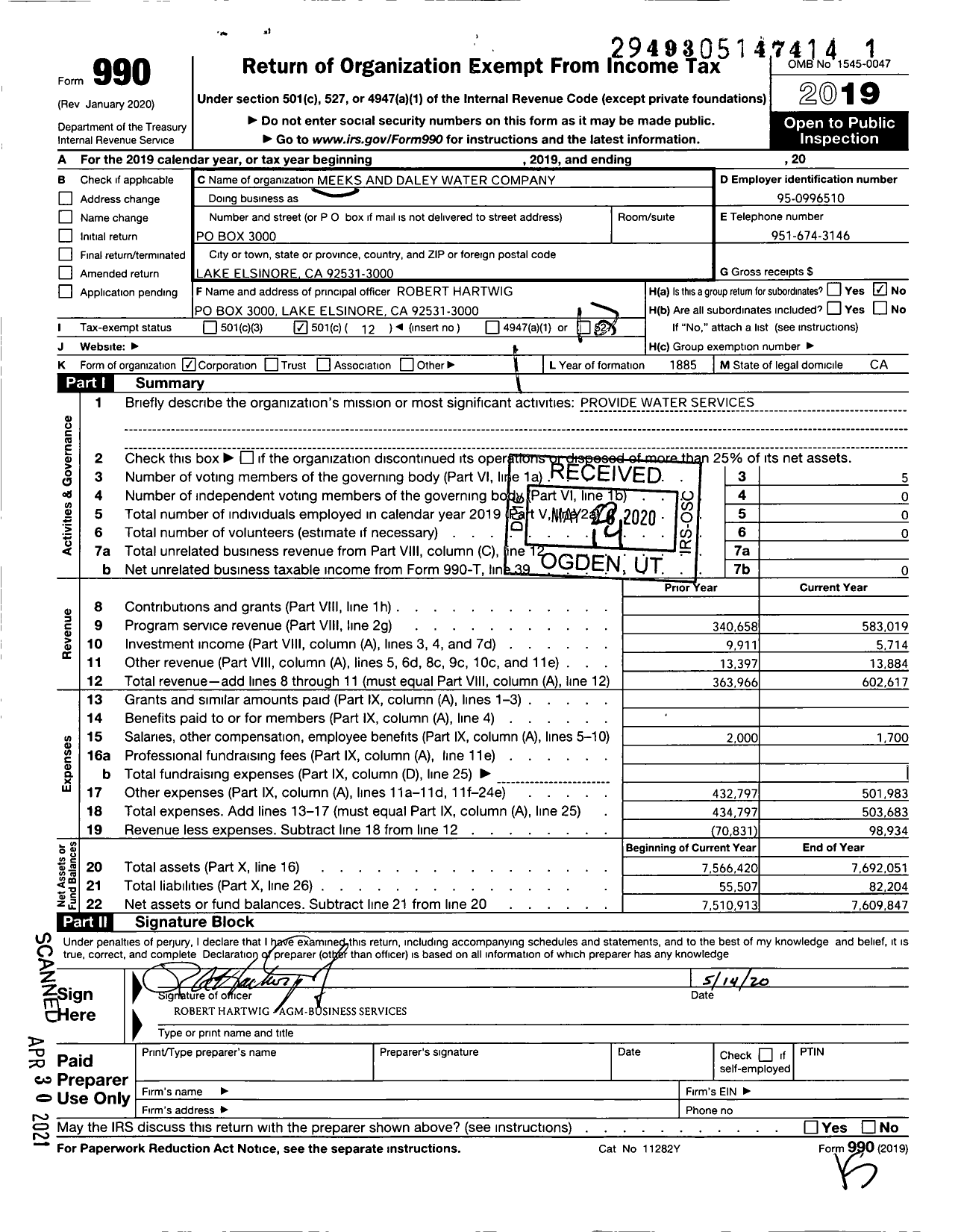 Image of first page of 2019 Form 990O for Meeks and Daley Water Company