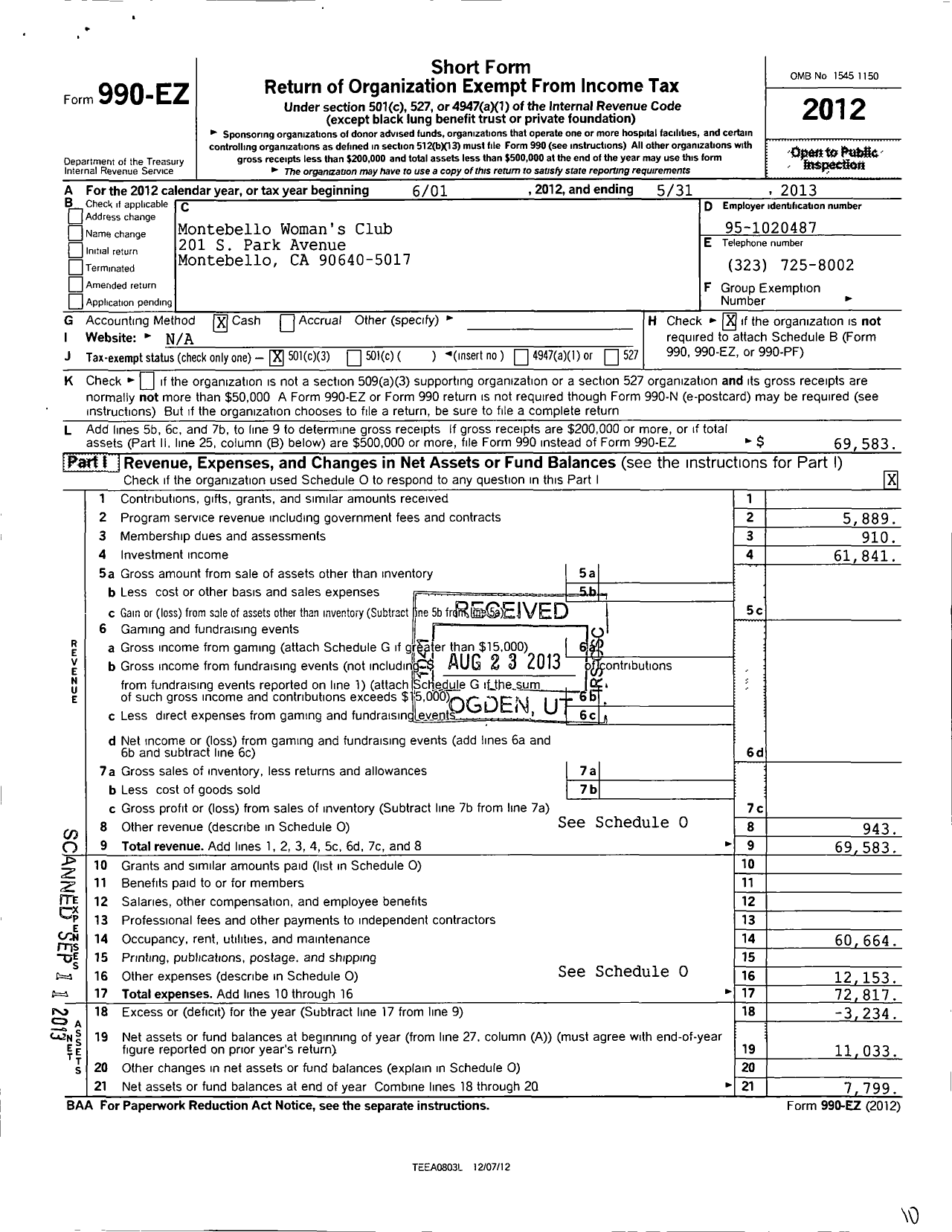 Image of first page of 2012 Form 990EZ for California Federation of Women's Clubs - Montebello Womans Club