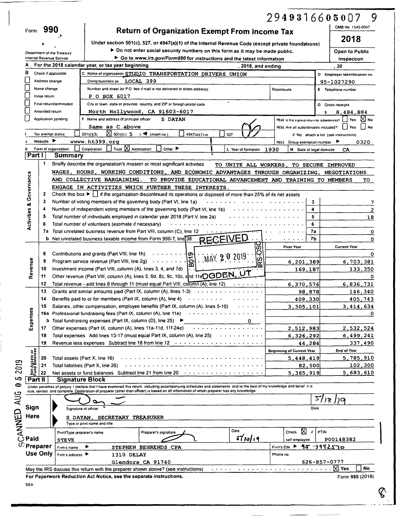 Image of first page of 2018 Form 990O for Teamsters - 399 Local Studio Transportation Dri