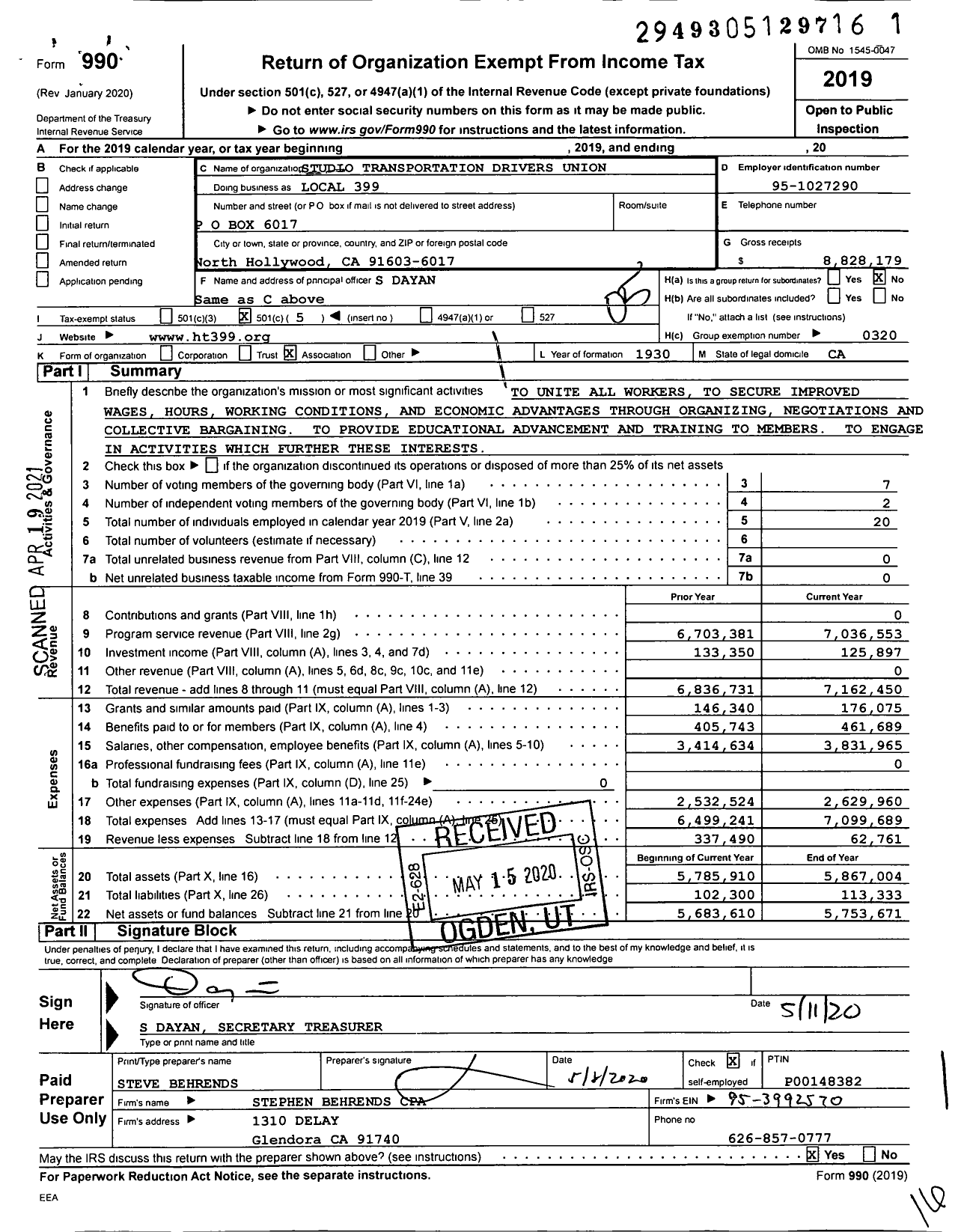 Image of first page of 2019 Form 990O for Teamsters - 399 Local Studio Transportation Dri