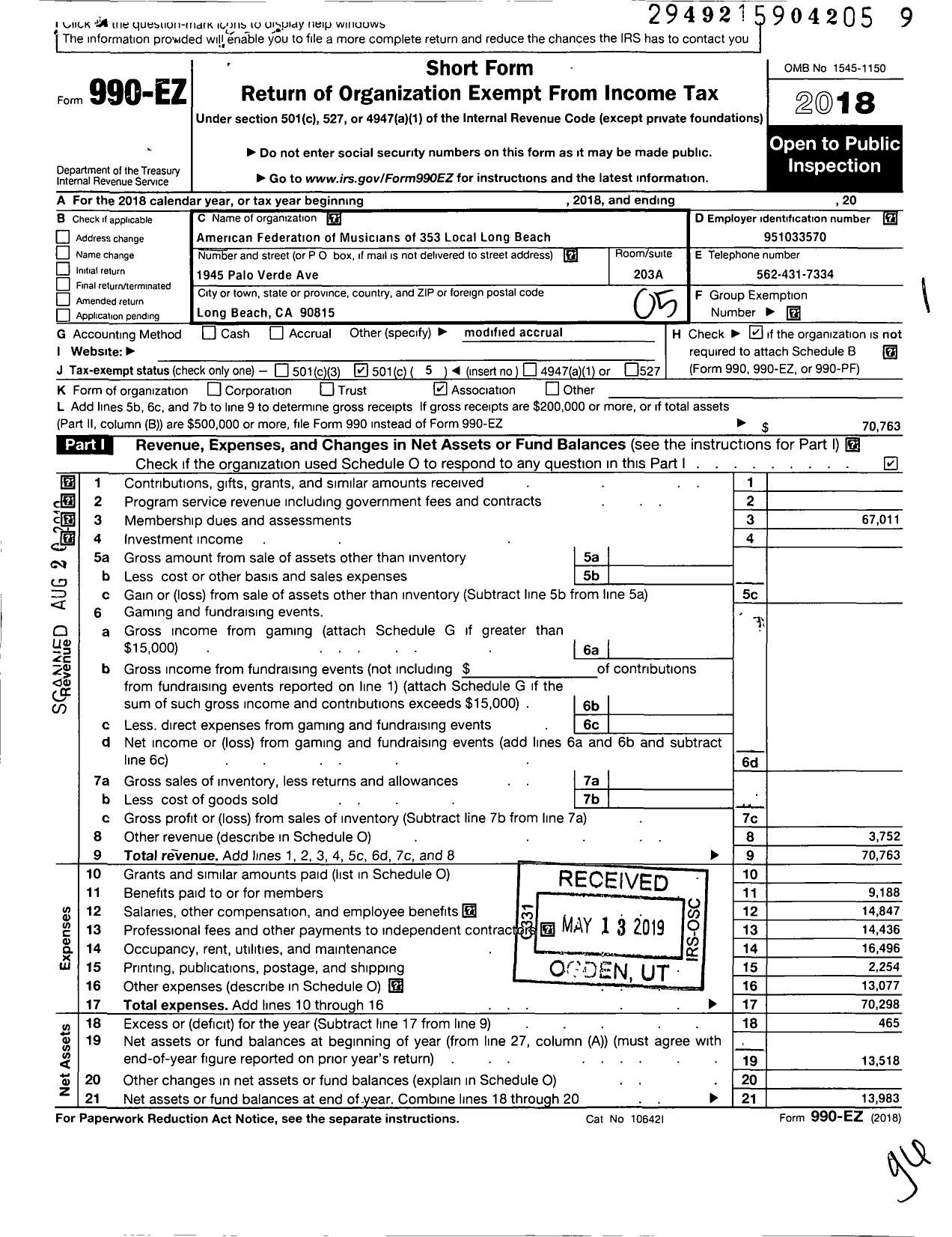 Image of first page of 2018 Form 990EO for AMERICAN FEDERATION of MUSICIANS - 353 Local Long Beach