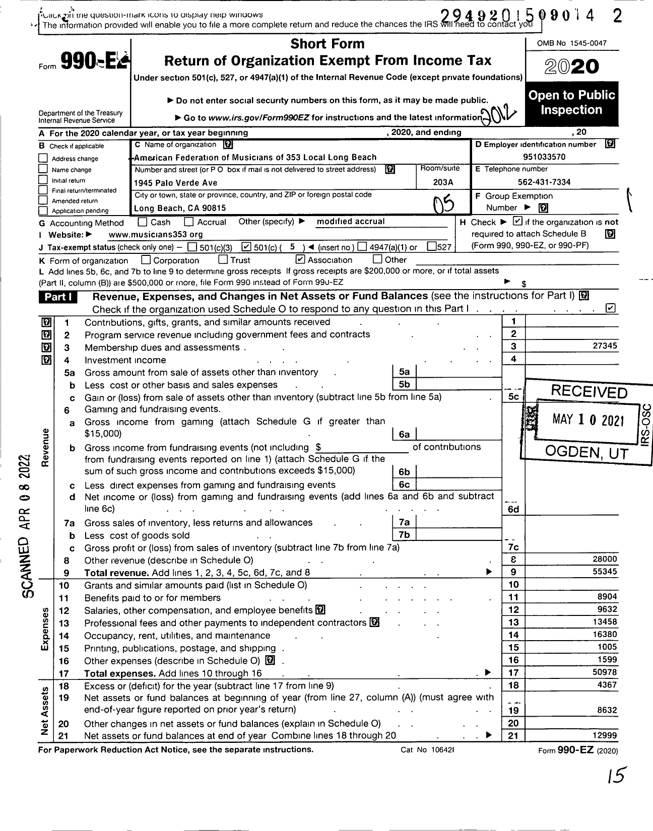 Image of first page of 2020 Form 990EO for AMERICAN FEDERATION of MUSICIANS - 353 Local Long Beach