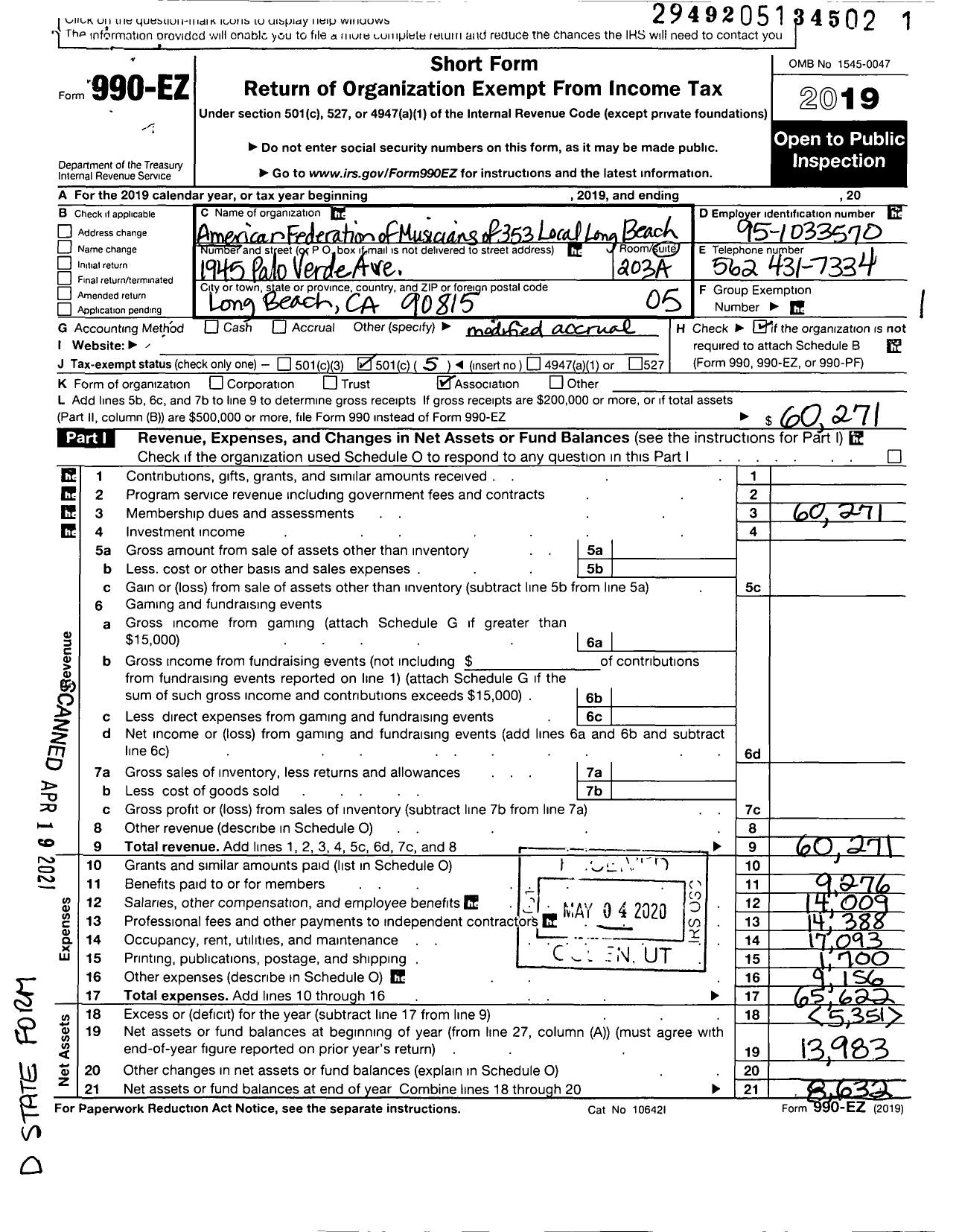 Image of first page of 2019 Form 990EO for AMERICAN FEDERATION of MUSICIANS - 353 Local Long Beach